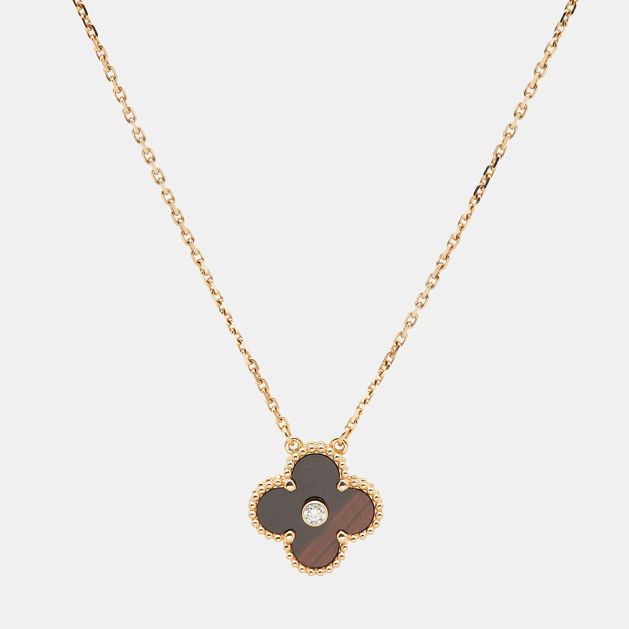 

Van Cleef & Arpels Vintage Alhambra Limited Edition 2017 Bulls Eye Brown Stone and Diamond 18K Rose Gold Holiday Pendant Necklace