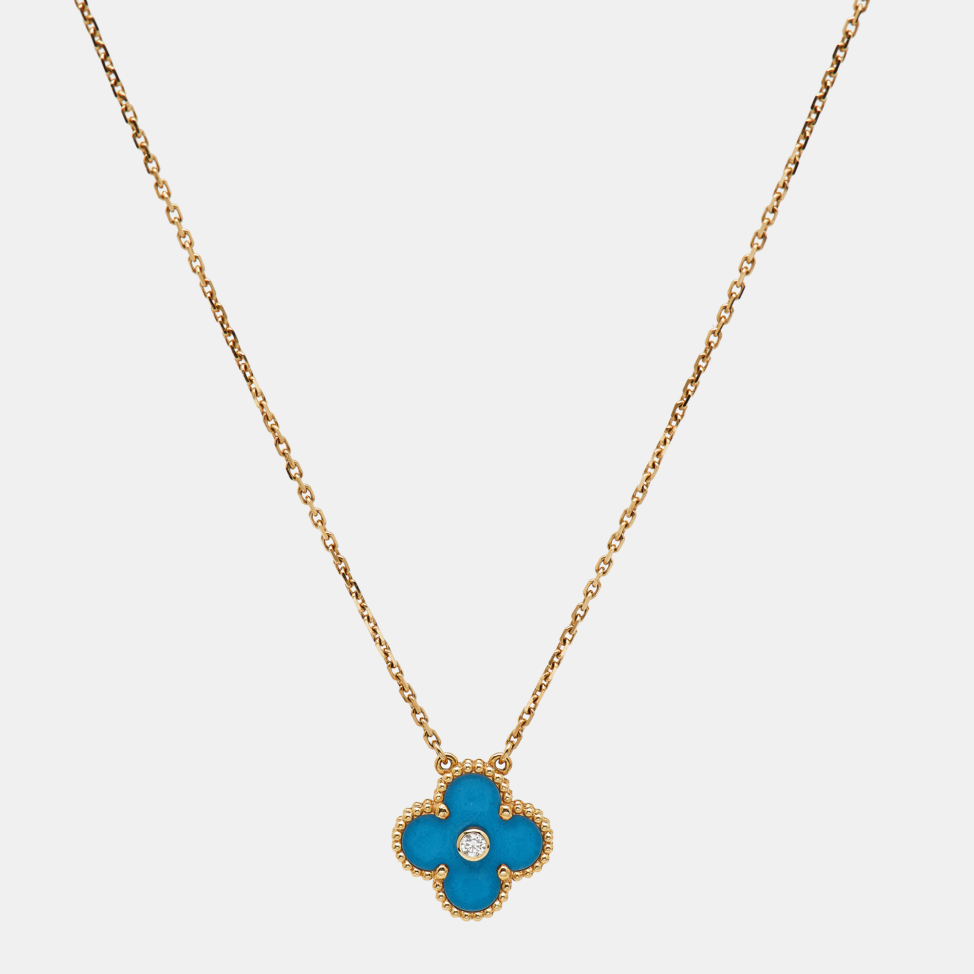 

Van Cleef & Arpels Vintage Alhambra Limited Edition 2019 Blue Porcelain Diamond 18k Yellow Gold Holiday Pendant Necklace