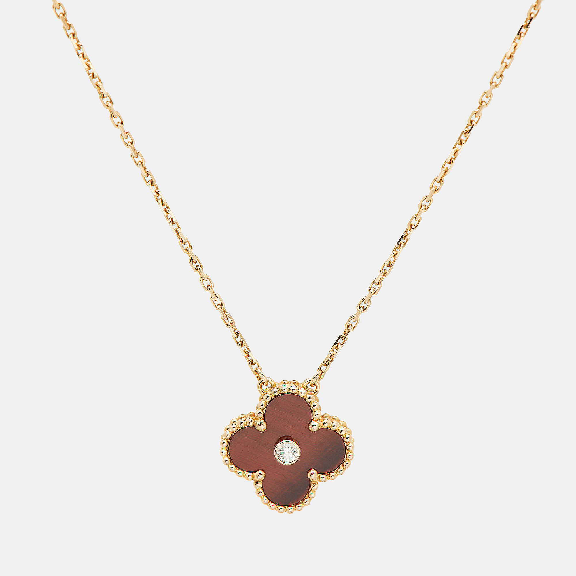 

Van Cleef & Arpels Vintage Alhambra Limited Edition 2017 Bulls Eye Brown Stone and Diamond 18K Rose Gold Holiday Pendant Necklace