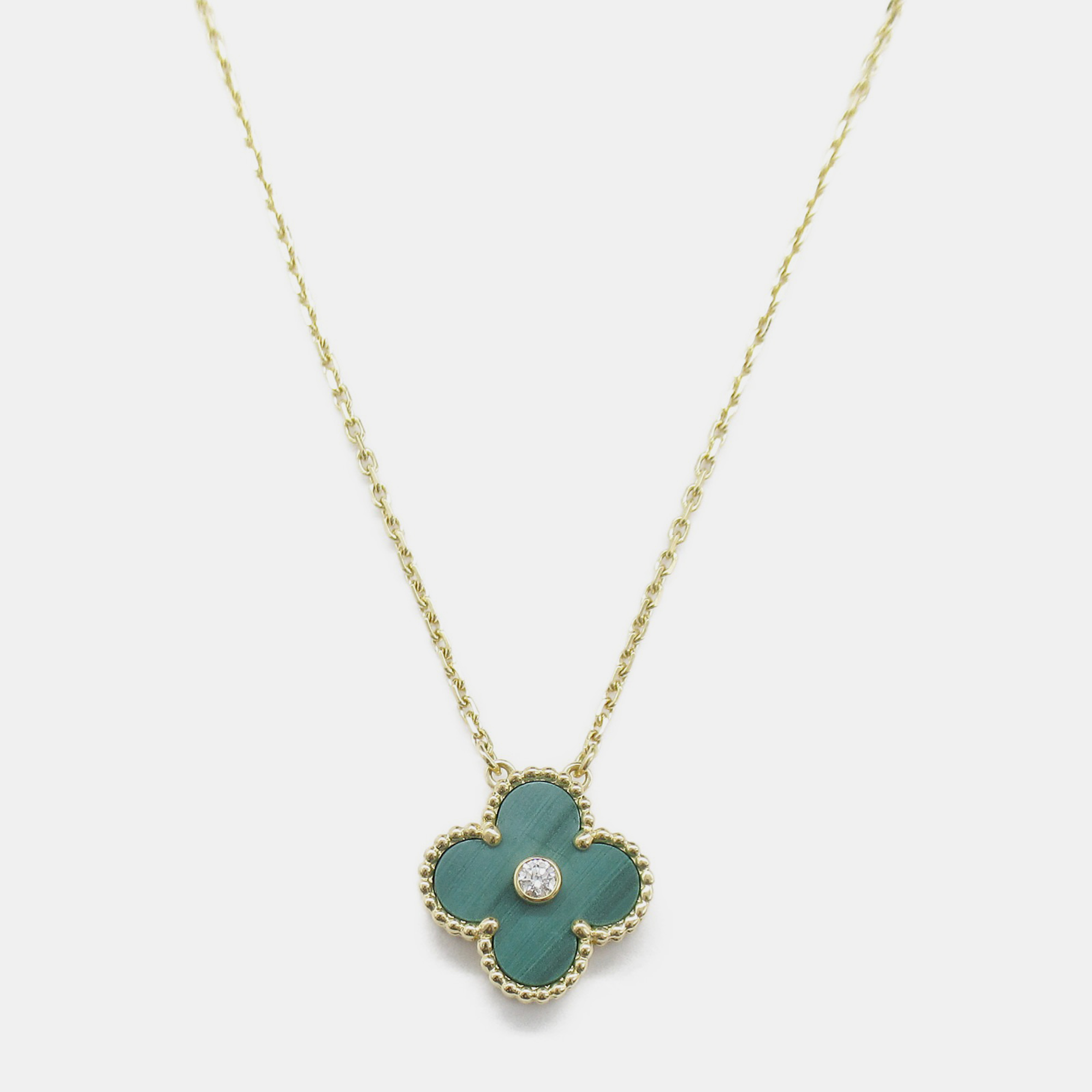 

Van Cleef & Arpels 18K Yellow Gold, Malachite and Diamond Vintage Alhambra Pendant Necklace