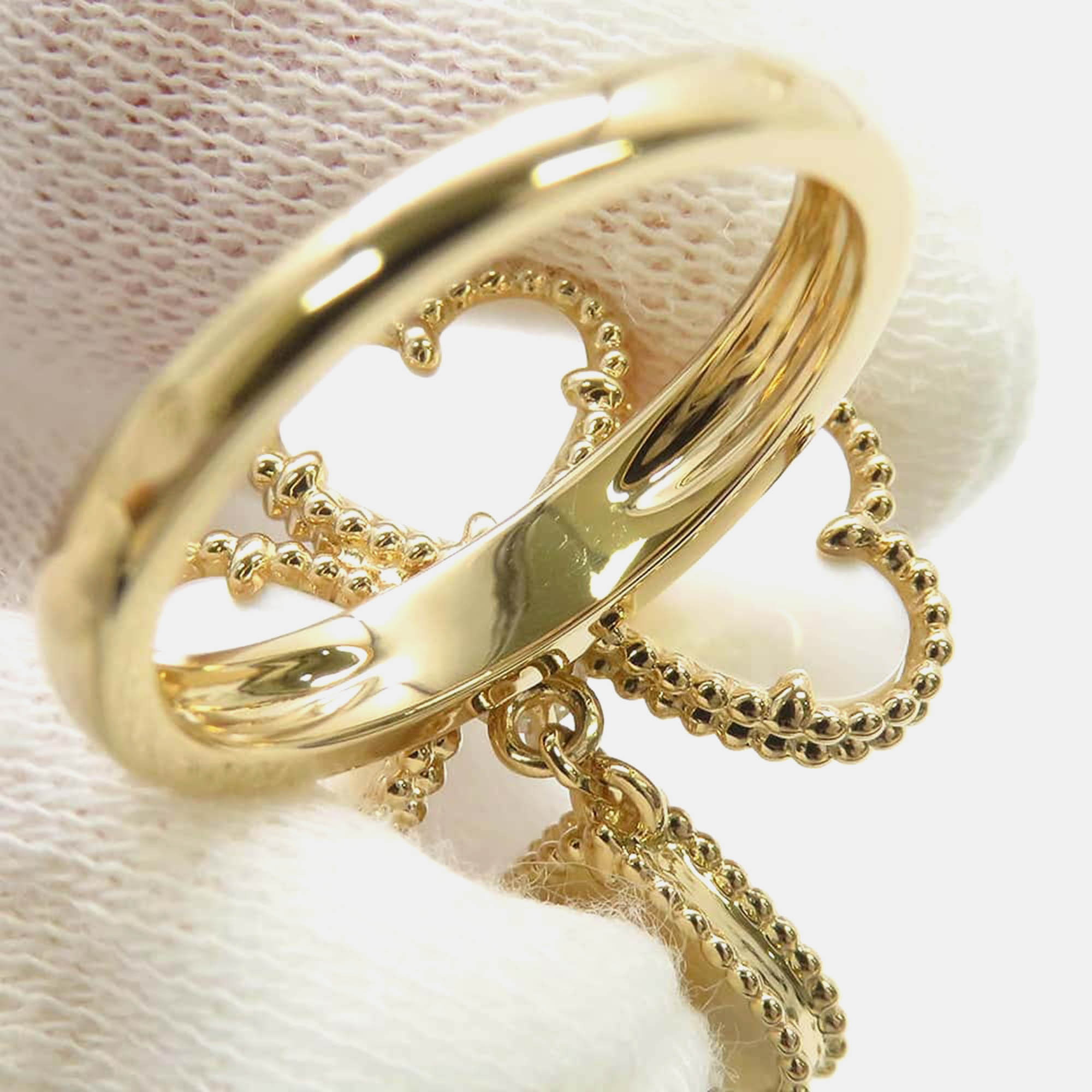 Van Cleef & Arpels 18K Yellow Gold Diamond Mother of Pearl Sweet Alhambra Effeuillage Ring EU 48 