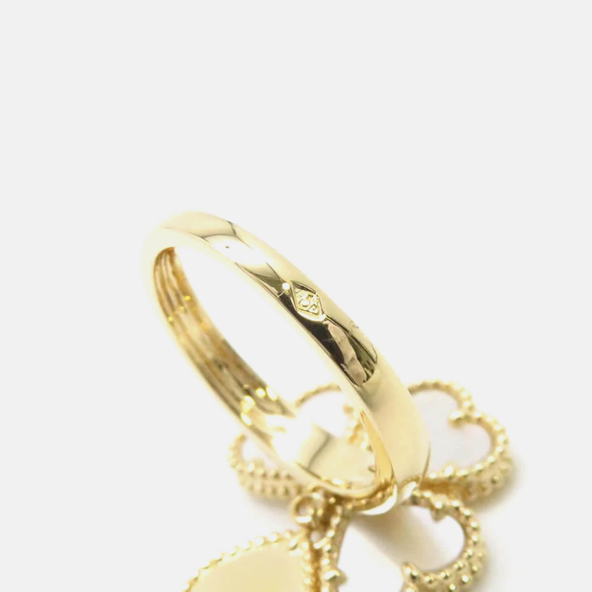 Van Cleef & Arpels 18K Yellow Gold Diamond Mother of Pearl Sweet Alhambra Effeuillage Ring EU 48 