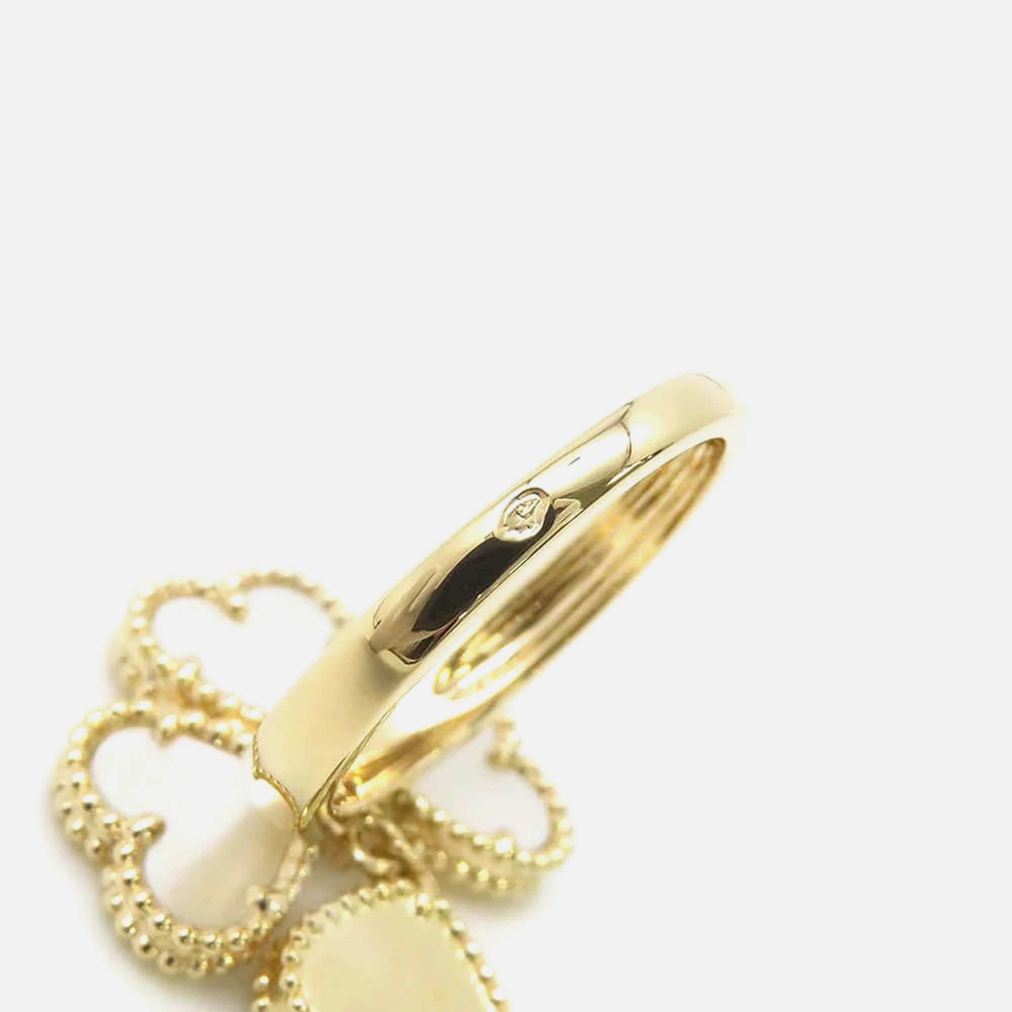Van Cleef & Arpels 18K Yellow Gold Diamond Mother of Pearl Sweet Alhambra Effeuillage Ring EU 48 
