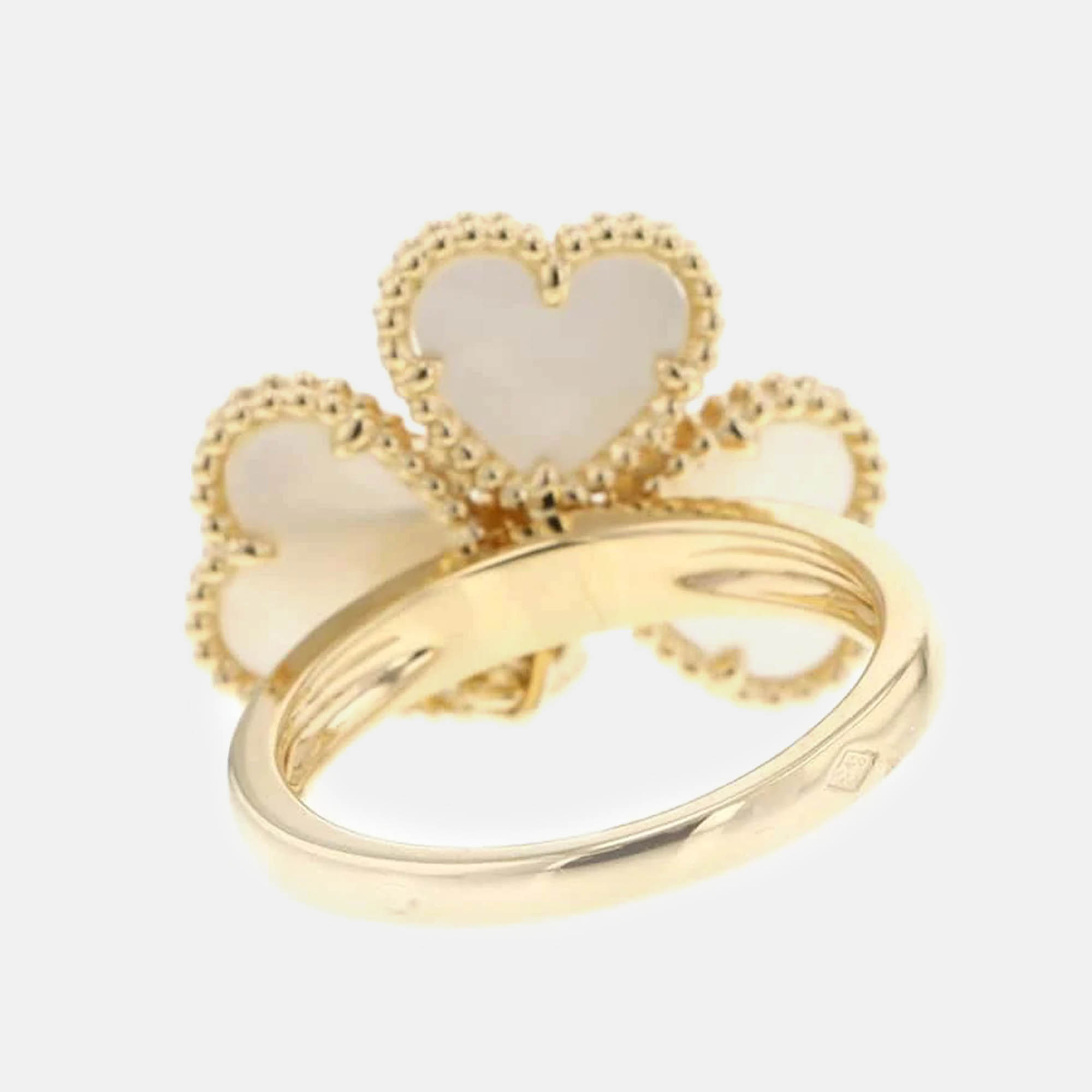 Van Cleef & Arpels 18K Yellow Gold Diamond Mother of Pearl Sweet Alhambra Effeuillage Ring EU 48 