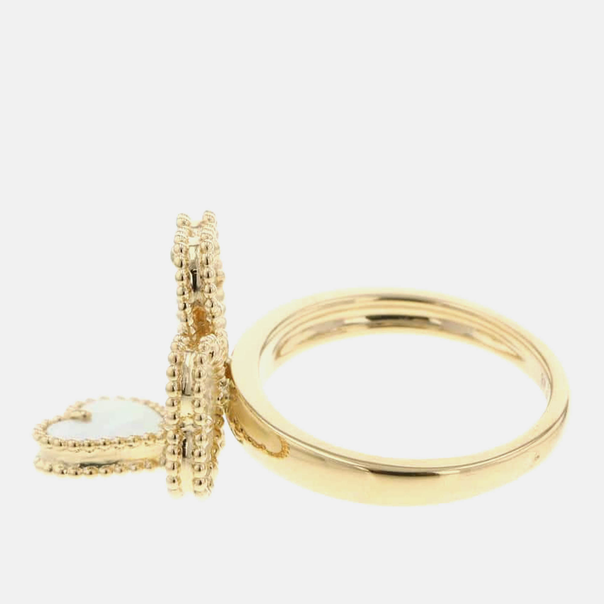Van Cleef & Arpels 18K Yellow Gold Diamond Mother of Pearl Sweet Alhambra Effeuillage Ring EU 48 