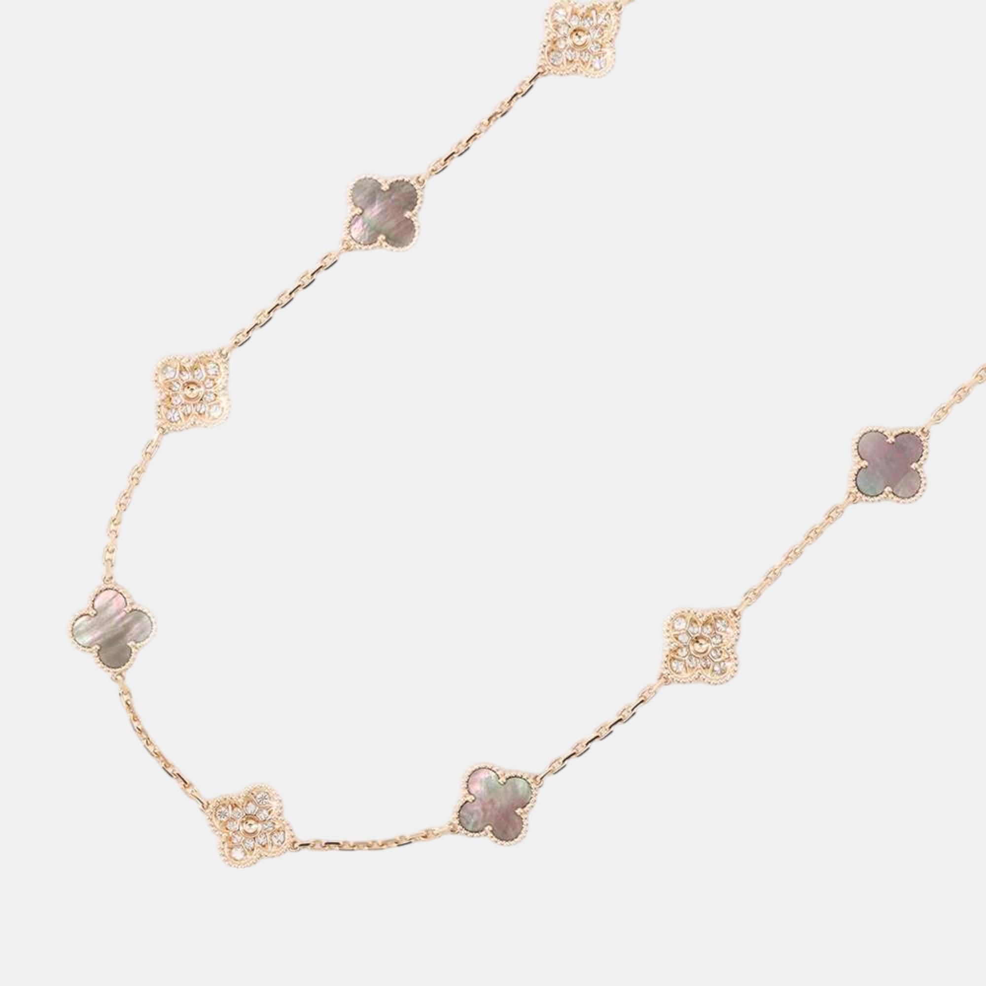 Van Cleef & Arpels Vintage Alhambra Necklace 20 Motifs Gray 18K Pink Gold 
