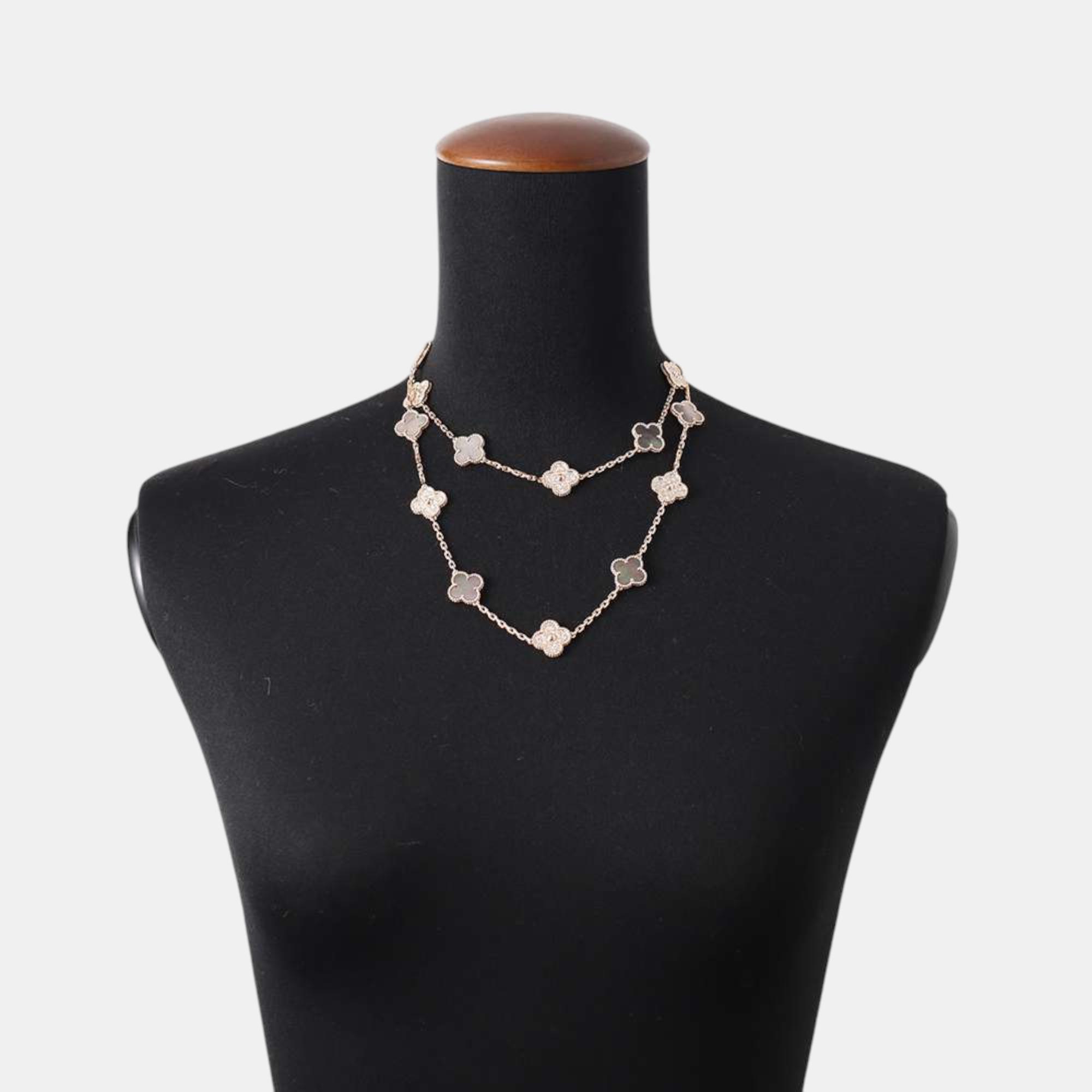 Van Cleef & Arpels Vintage Alhambra Necklace 20 Motifs Gray 18K Pink Gold 