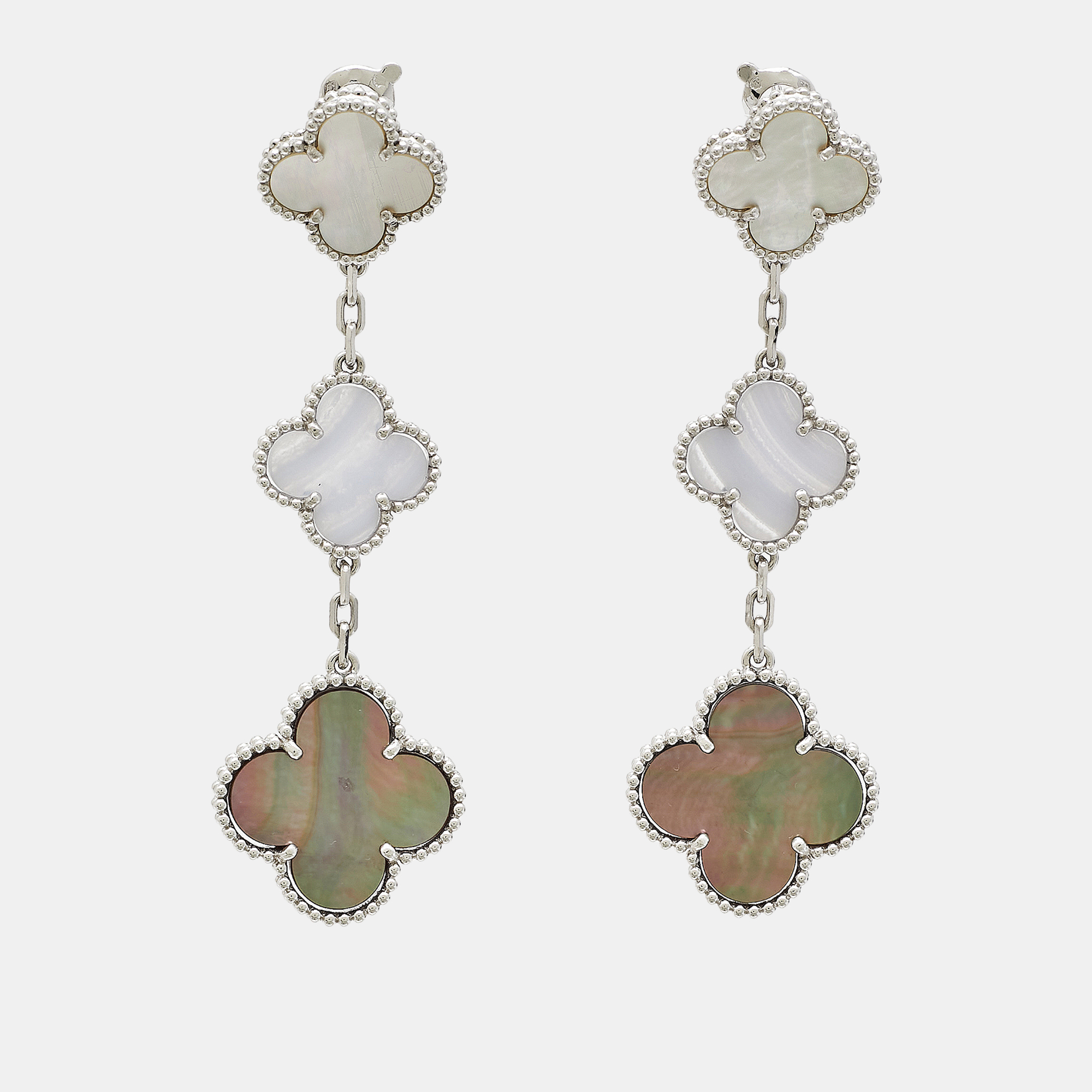 

Van Cleef & Arpels Magic Alhambra Mother of Pearl Chalcedony 18K White Gold 3 Motif Long Earrings