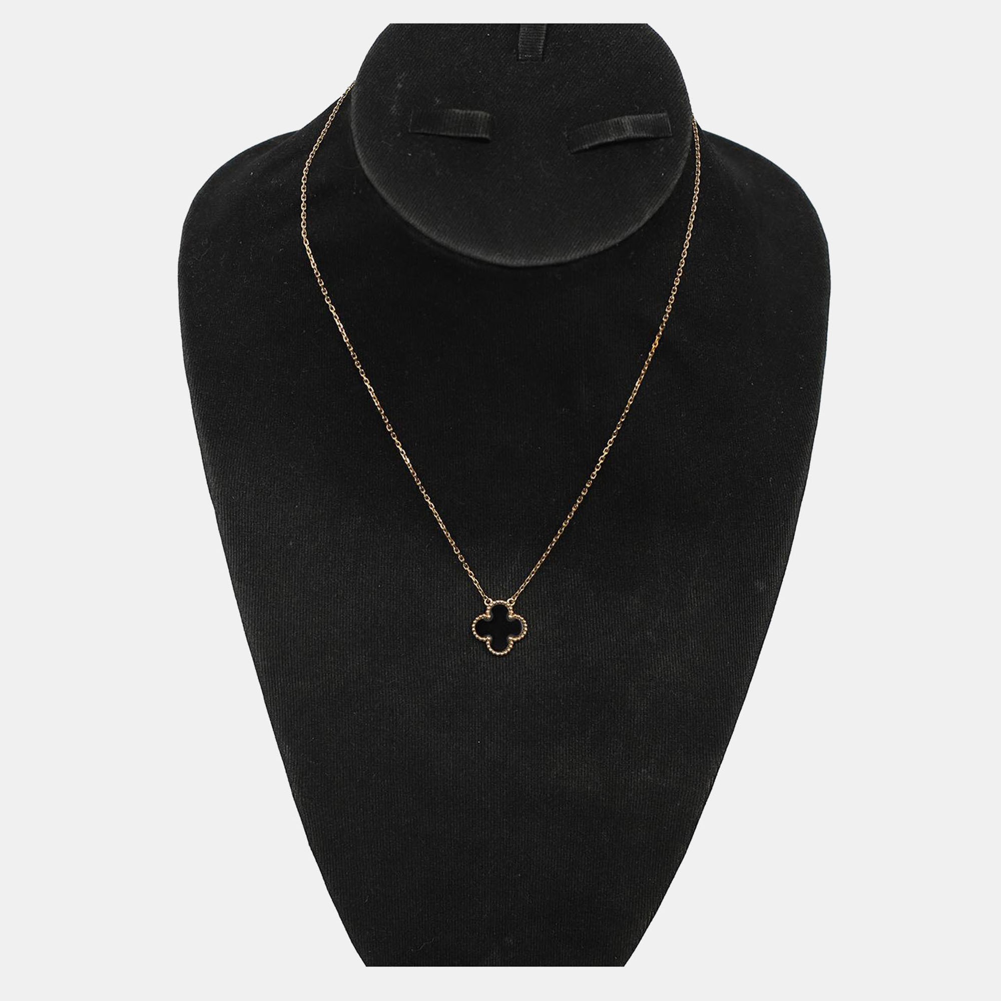 Van  Cleef & Arpels 18K Yellow Gold Onyx Vintage Alhambra Pendant Necklace 