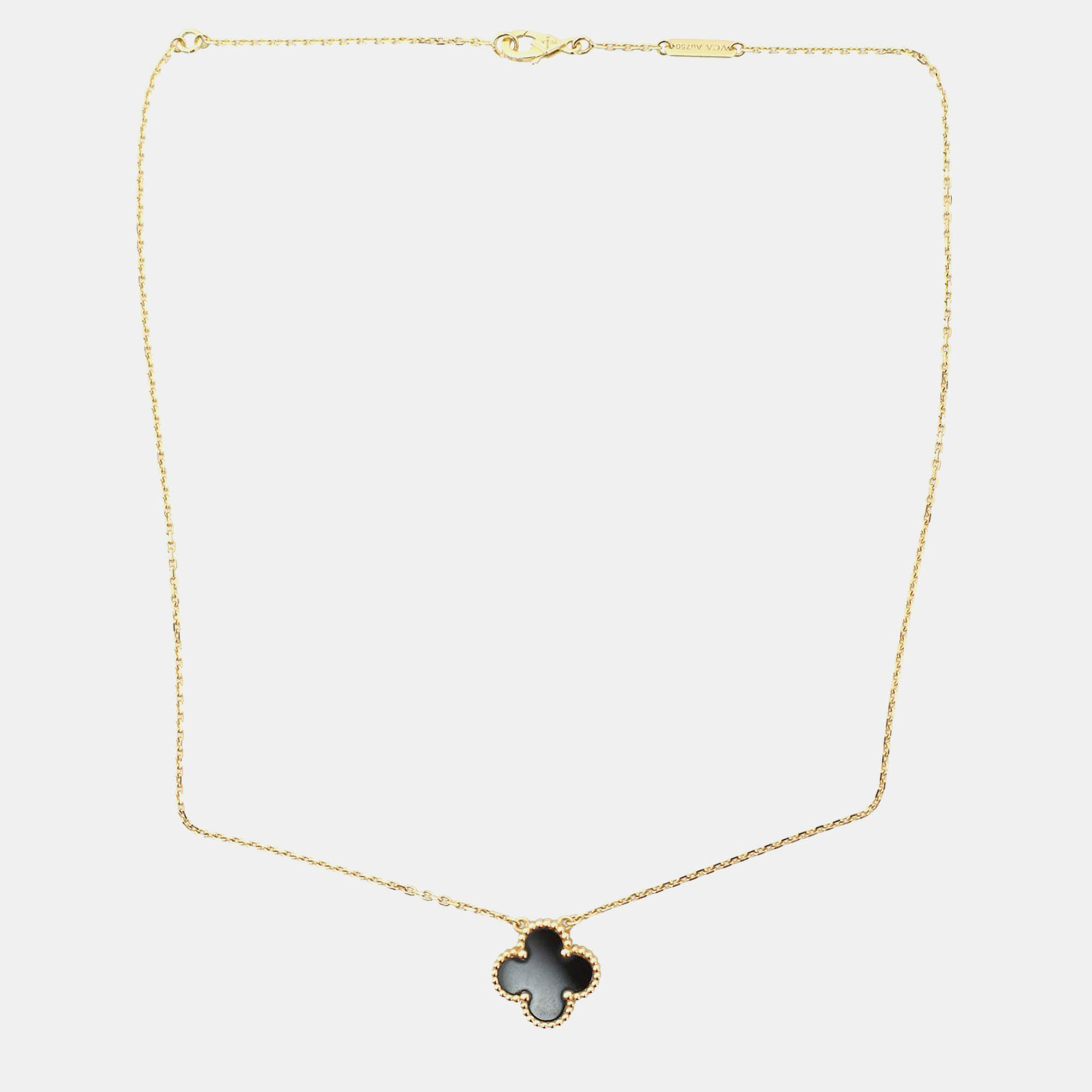 Van  Cleef & Arpels 18K Yellow Gold Onyx Vintage Alhambra Pendant Necklace 