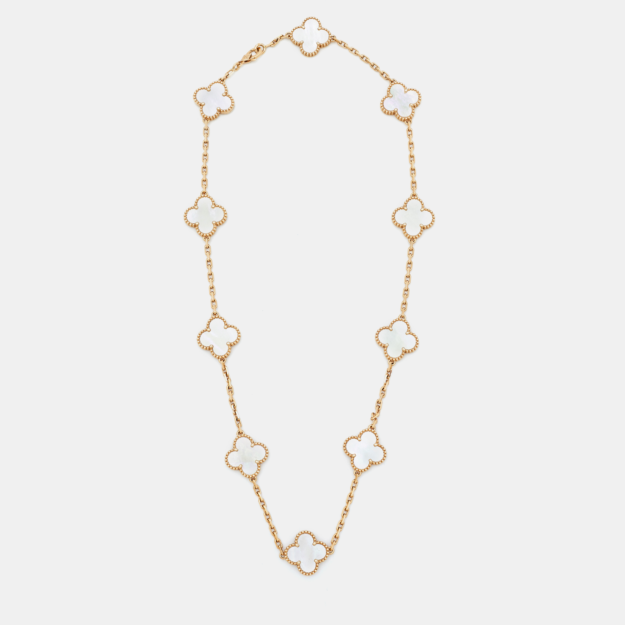 

Van Cleef & Arpels Vintage Alhambra Mother of Pearl 10 Motif 18k Yellow Gold Necklace