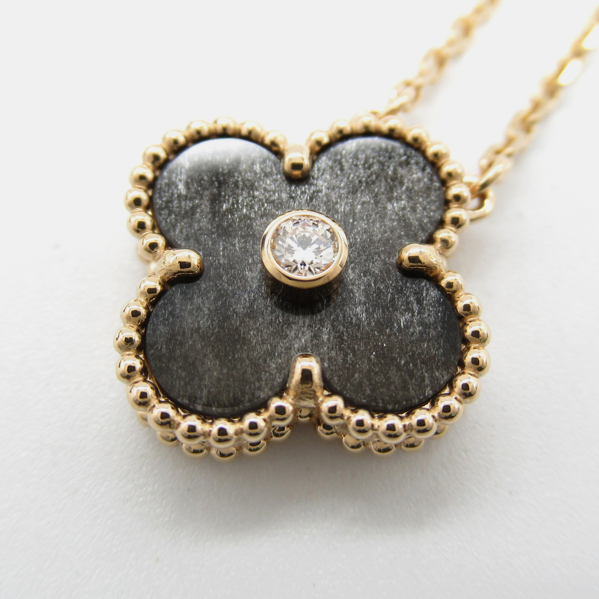 Van Cleef & Arpels 18K Rose Gold and Diamond Holiday Limited Edition Obsidian Vintage Alhambra Pendant Necklace 