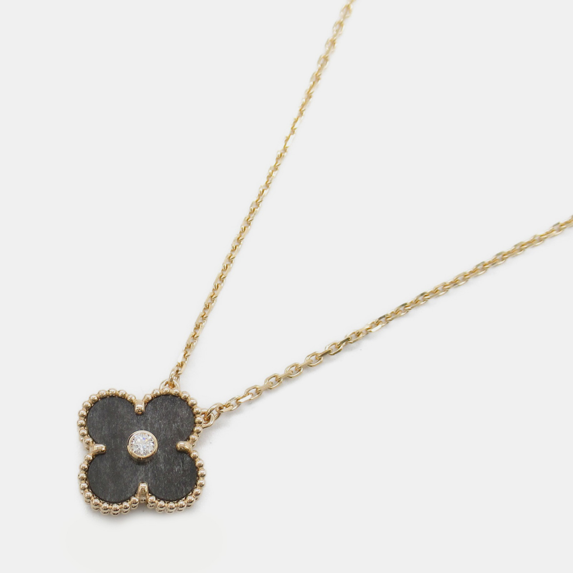 Van Cleef & Arpels 18K Rose Gold and Diamond Holiday Limited Edition Obsidian Vintage Alhambra Pendant Necklace 