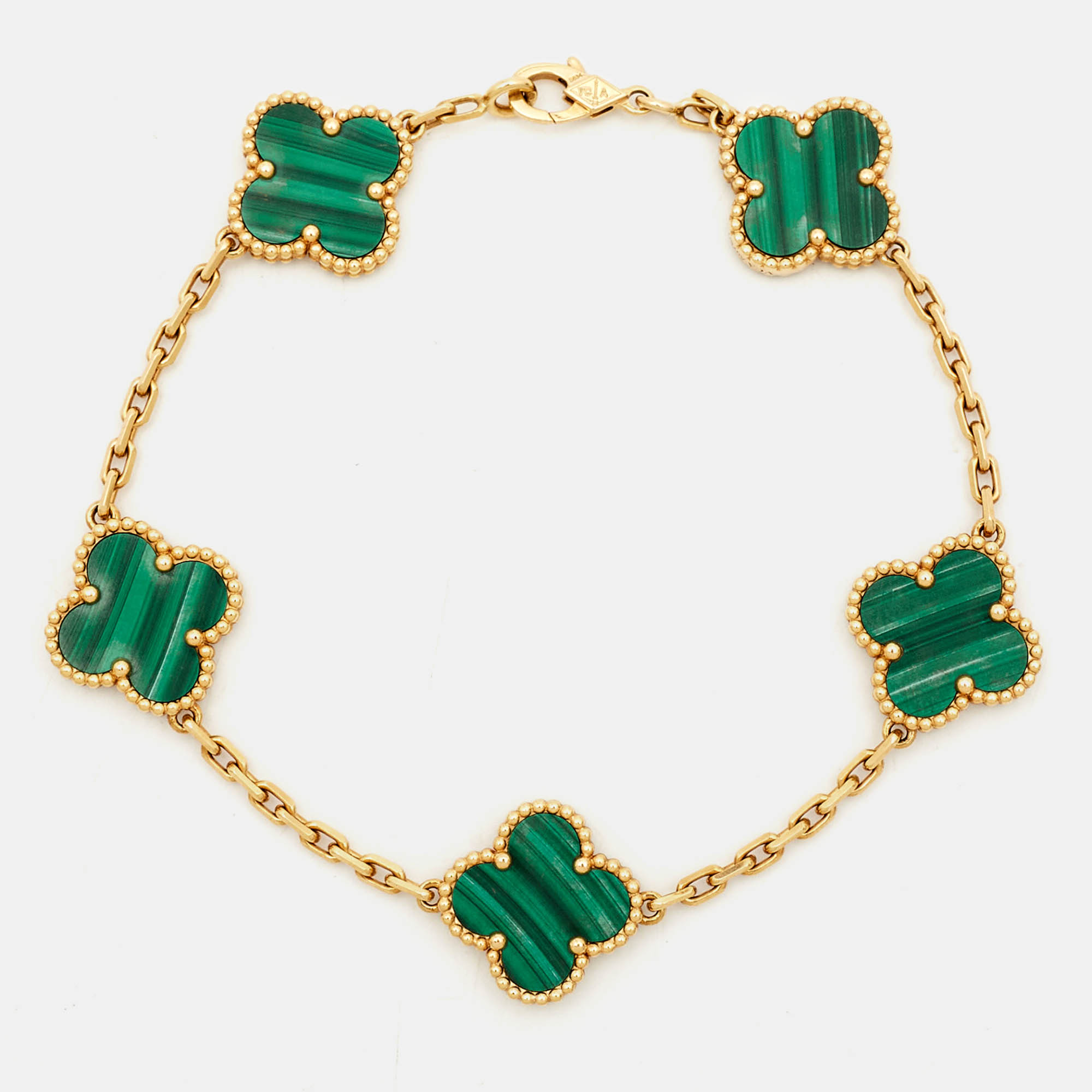 

Van Cleef & Arpels Vintage Alhambra Malachite 5 Motif 18k Yellow Gold Bracelet