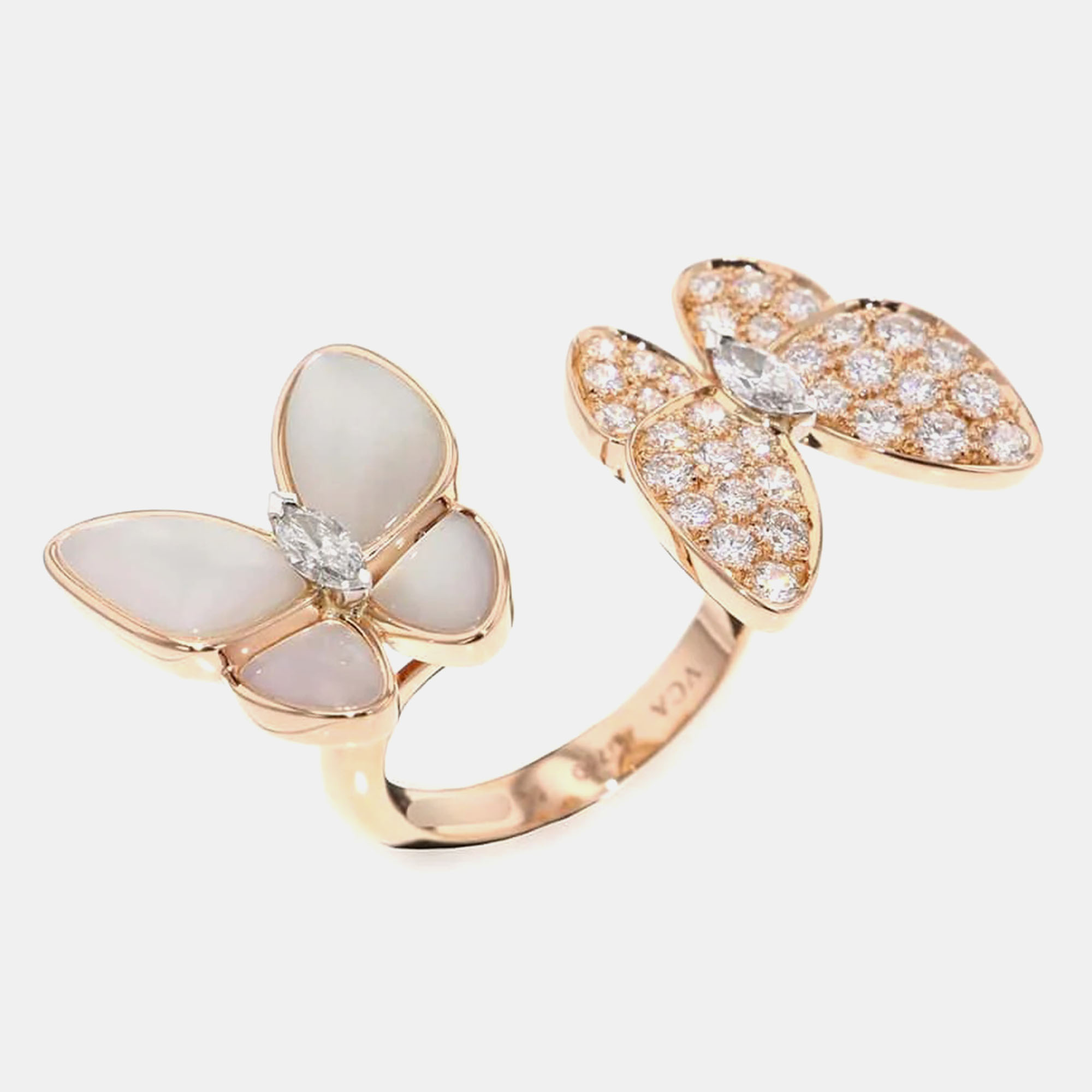 

Van Cleef & Arpels 18K Pink Gold Diamond Mother of Pearl Two Butterfly Between The Finger Ring EU 50