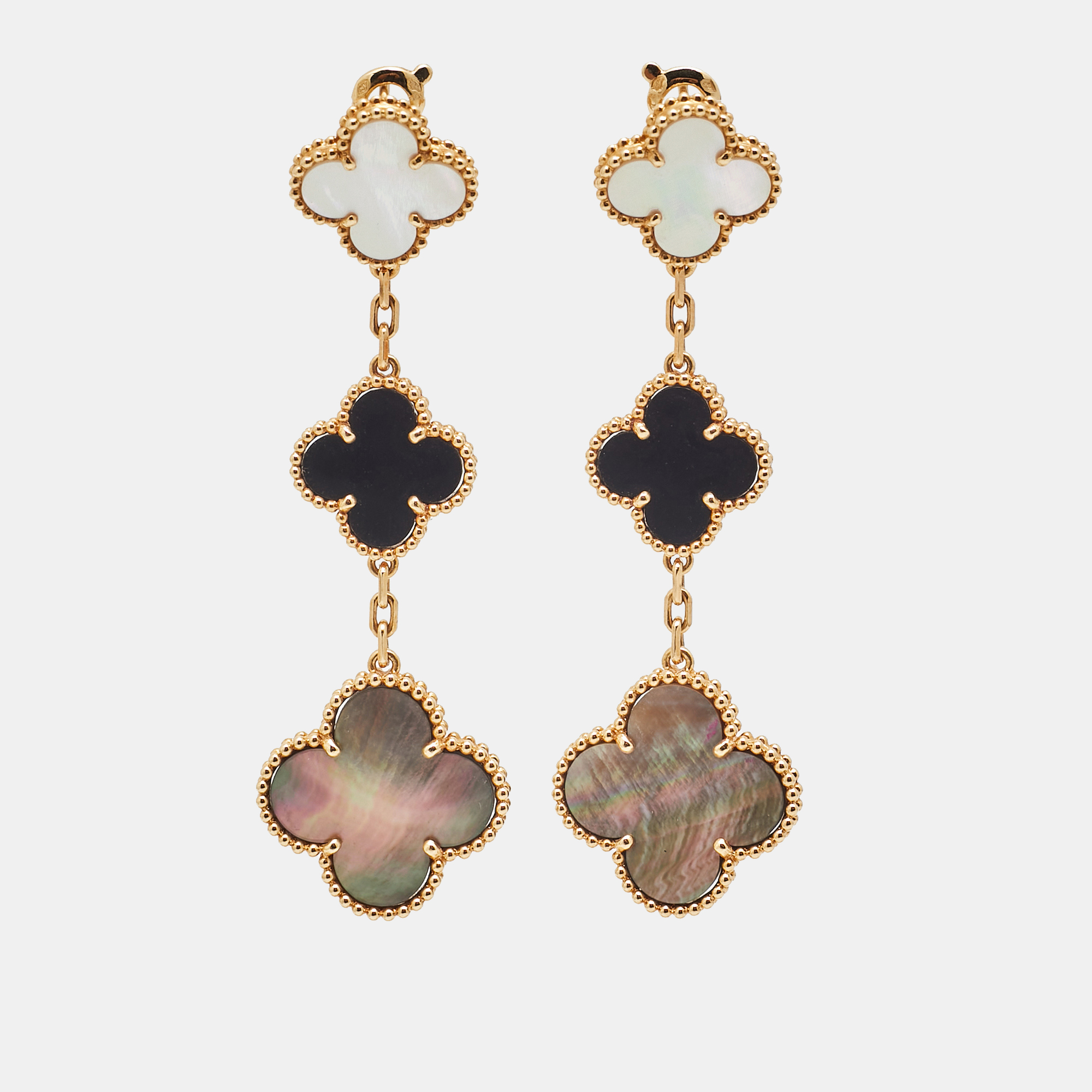 

Van Cleef & Arpels Magic Alhambra Mother of Pearl Onyx 18k Yellow Gold Earrings