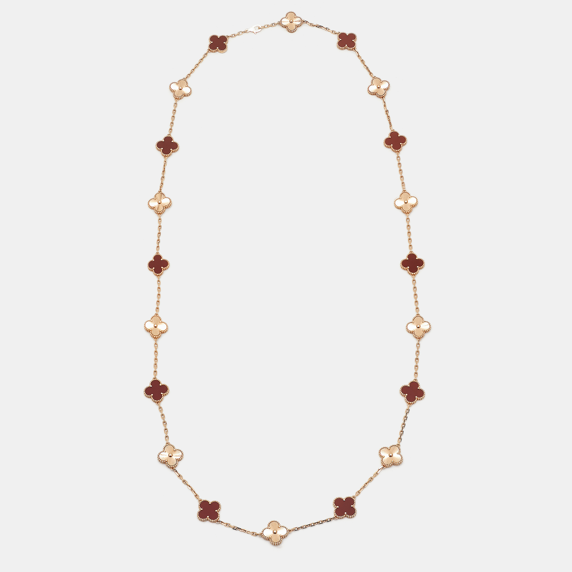 

Van Cleef & Arpels Vintage Alhambra Carnelian 18k Rose Gold 20 Motif Station Necklace