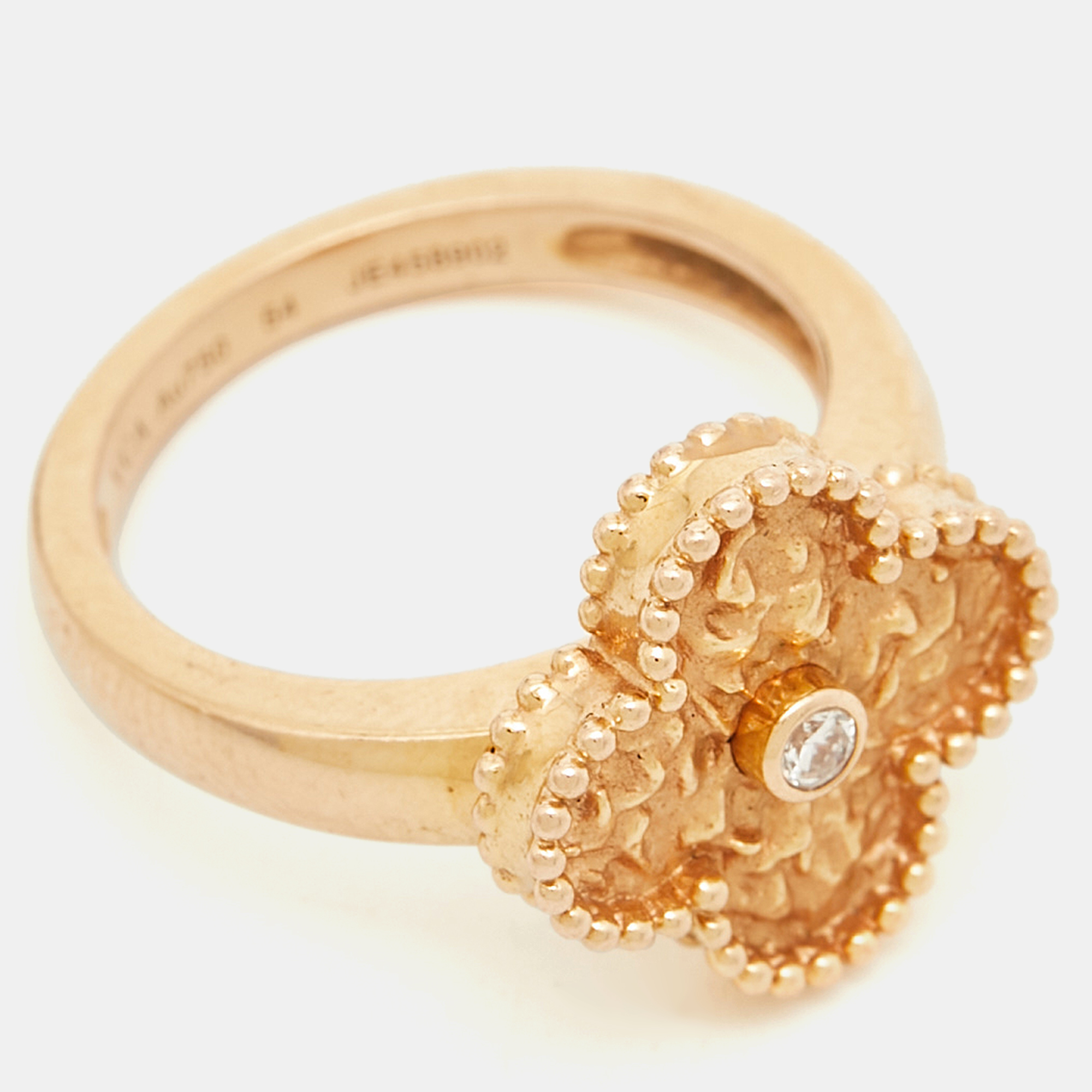 Van Cleef & Arpels Vintage Alhambra Diamond Hammered 18k Rose Gold Ring Size 54 