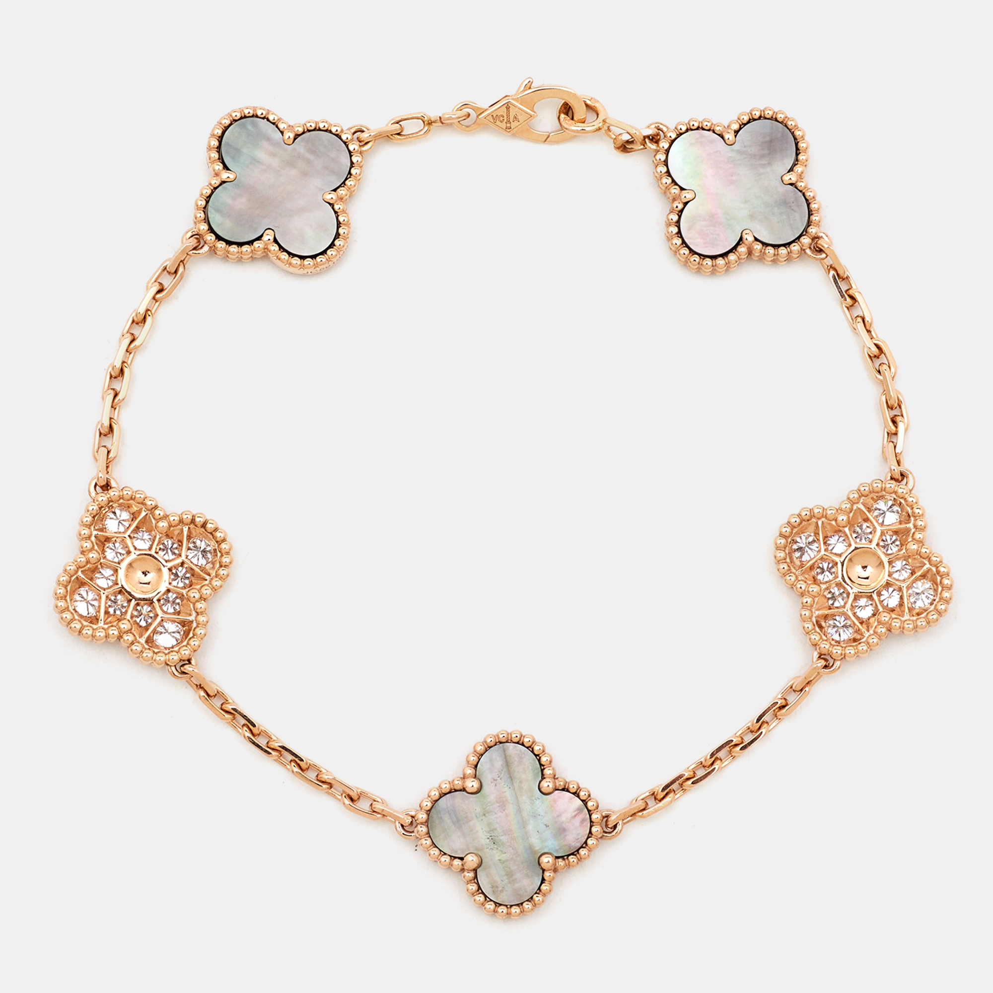 Van Cleef & Arpels Vintage Alhambra Diamond Mother of Pearl 18K Rose Gold Station Bracelet 