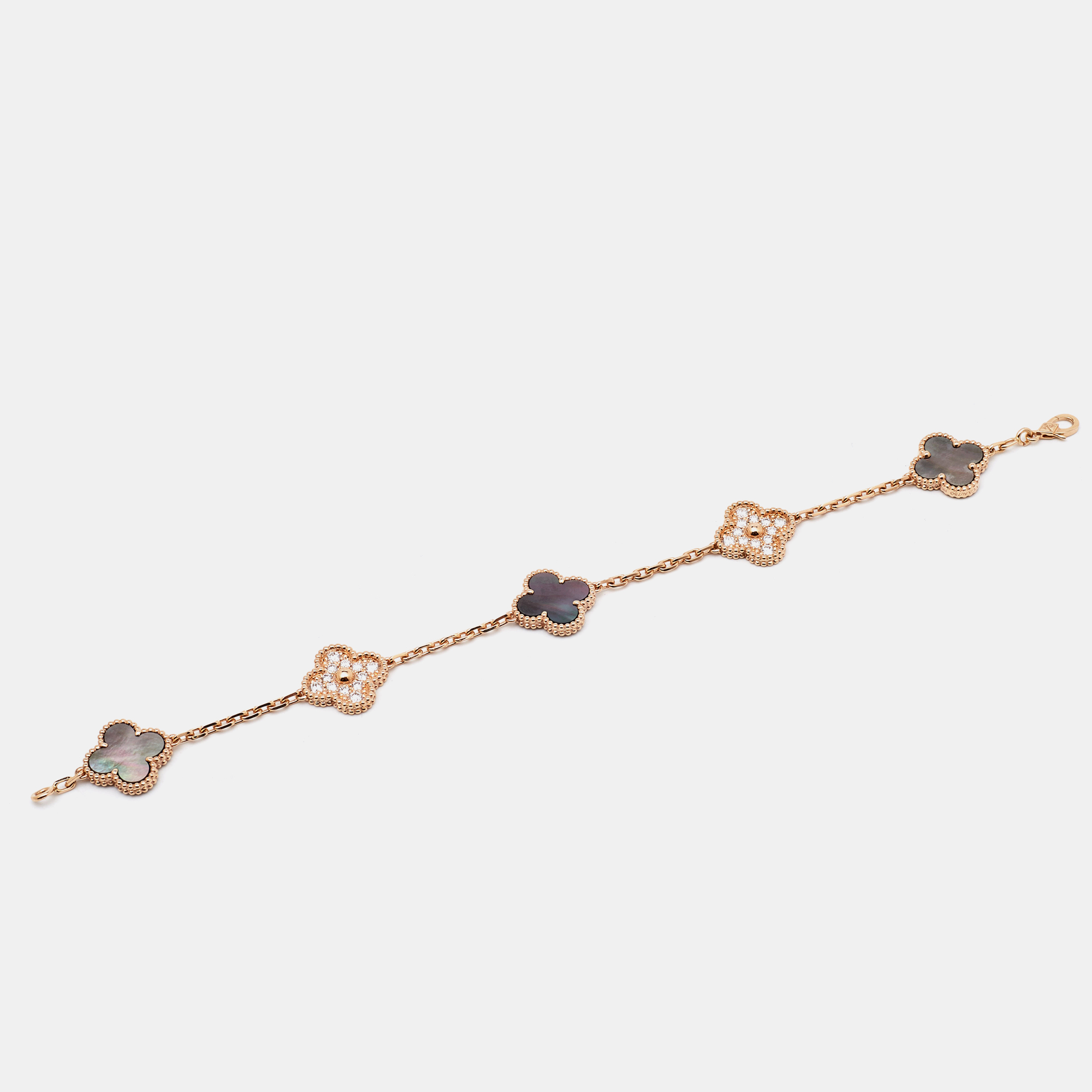 Van Cleef & Arpels Vintage Alhambra Diamond Mother of Pearl 18K Rose Gold Station Bracelet 
