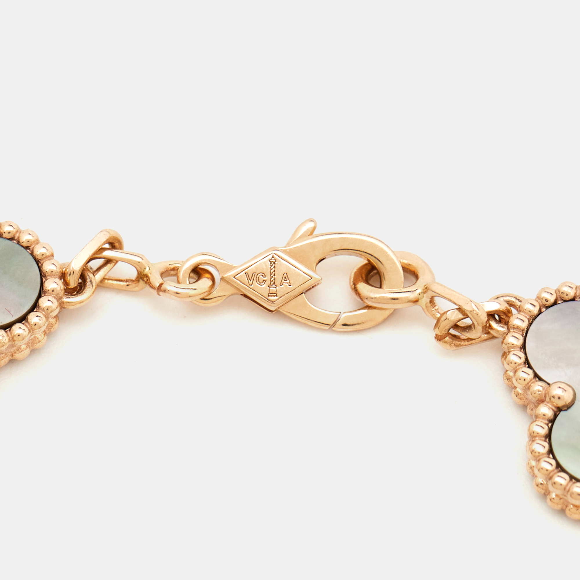 Van Cleef & Arpels Vintage Alhambra Diamond Mother of Pearl 18K Rose Gold Station Bracelet 