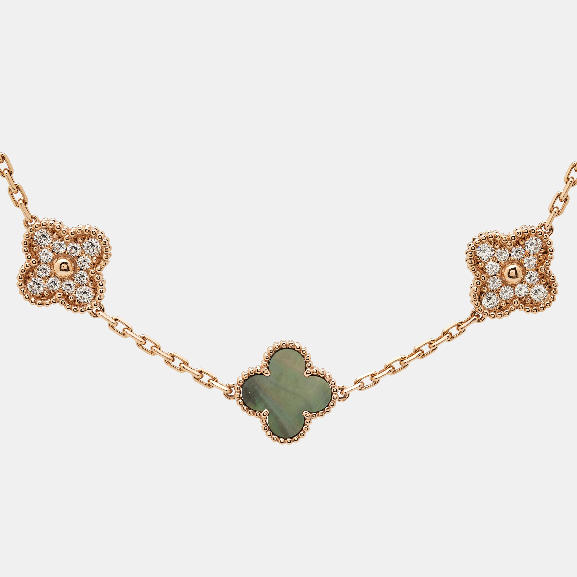 Van Cleef & Arpels Vintage Alhambra Diamond Mother of Pearl 18K Rose Gold Station Bracelet 