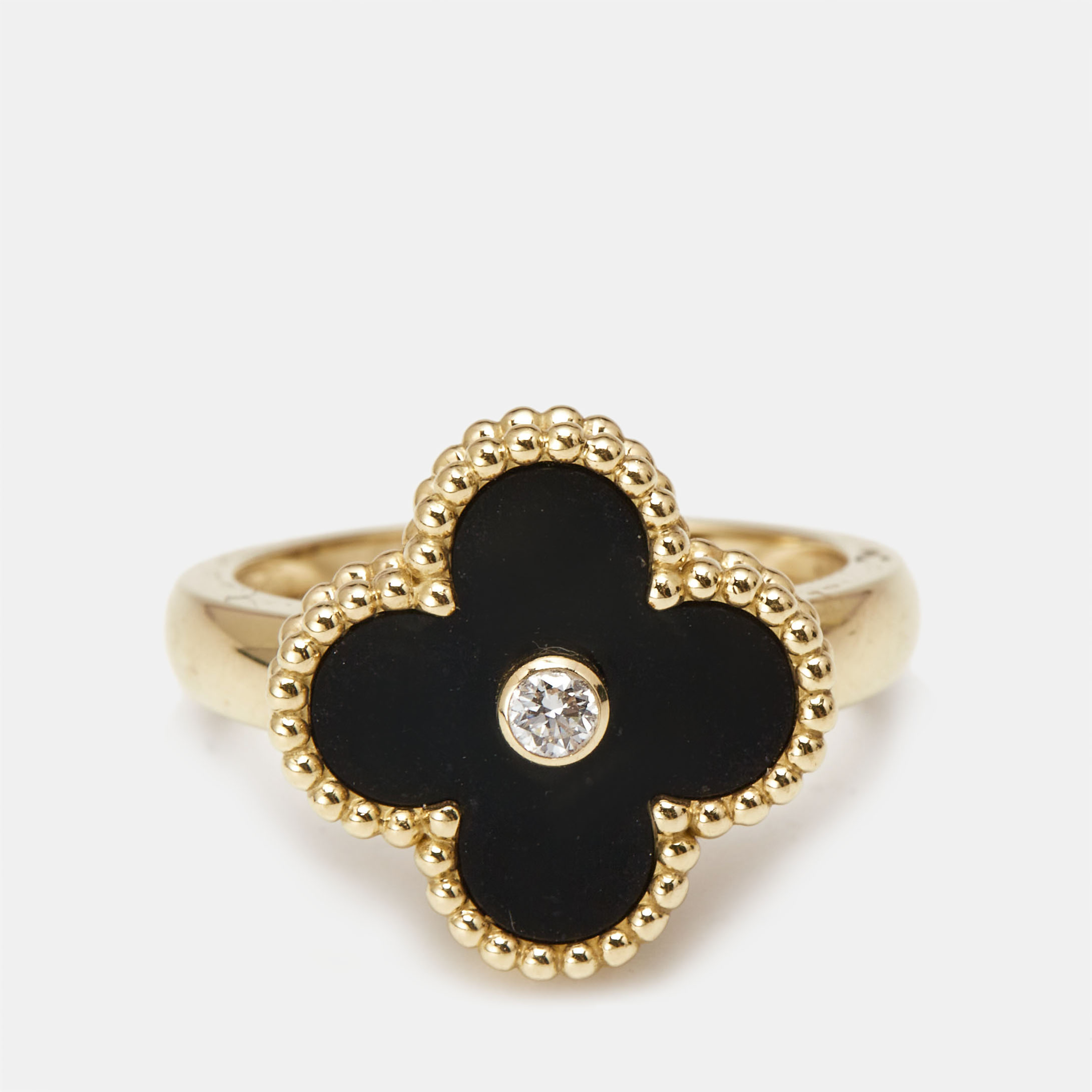 Van Cleef & Arpels Vintage Alhambra Diamond Onyx 18k Yellow Gold Ring Size 52 