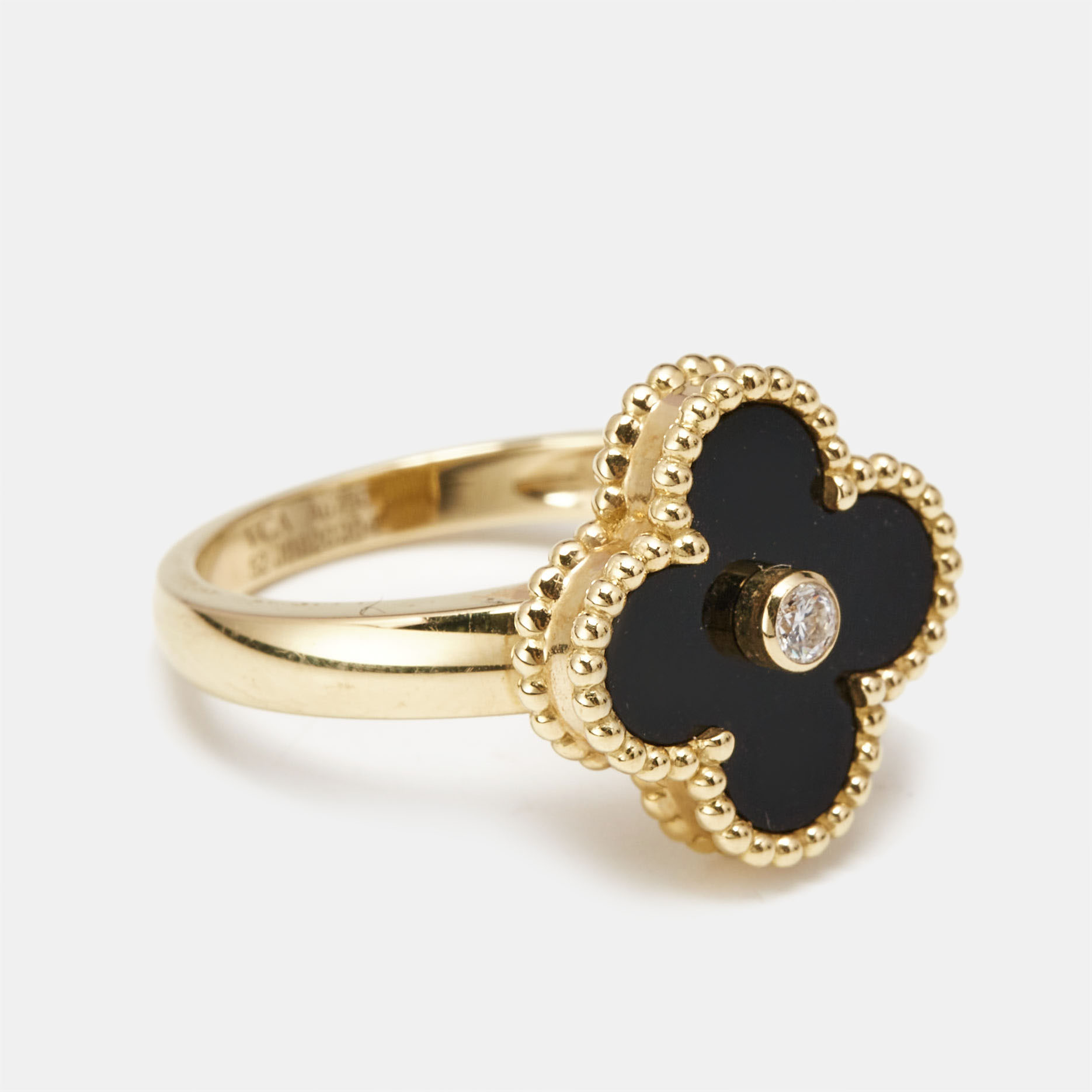 Van Cleef & Arpels Vintage Alhambra Diamond Onyx 18k Yellow Gold Ring Size 52 