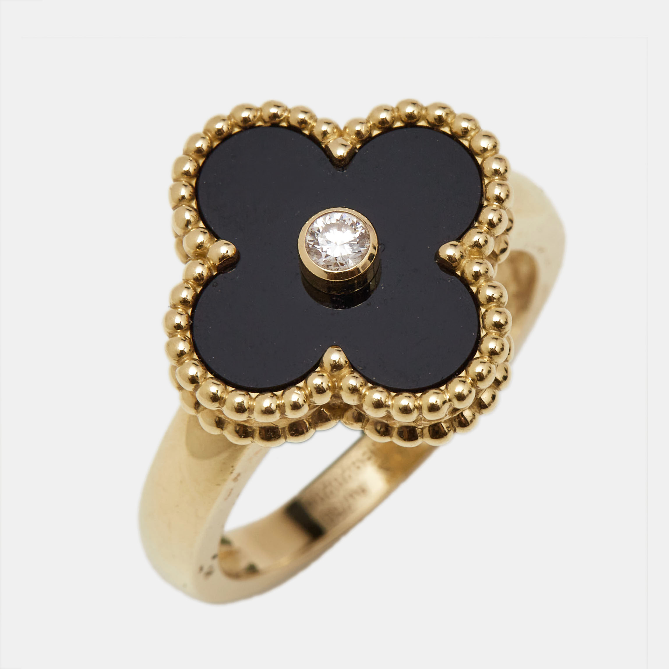 Van Cleef & Arpels Vintage Alhambra Diamond Onyx 18k Yellow Gold Ring Size 52 