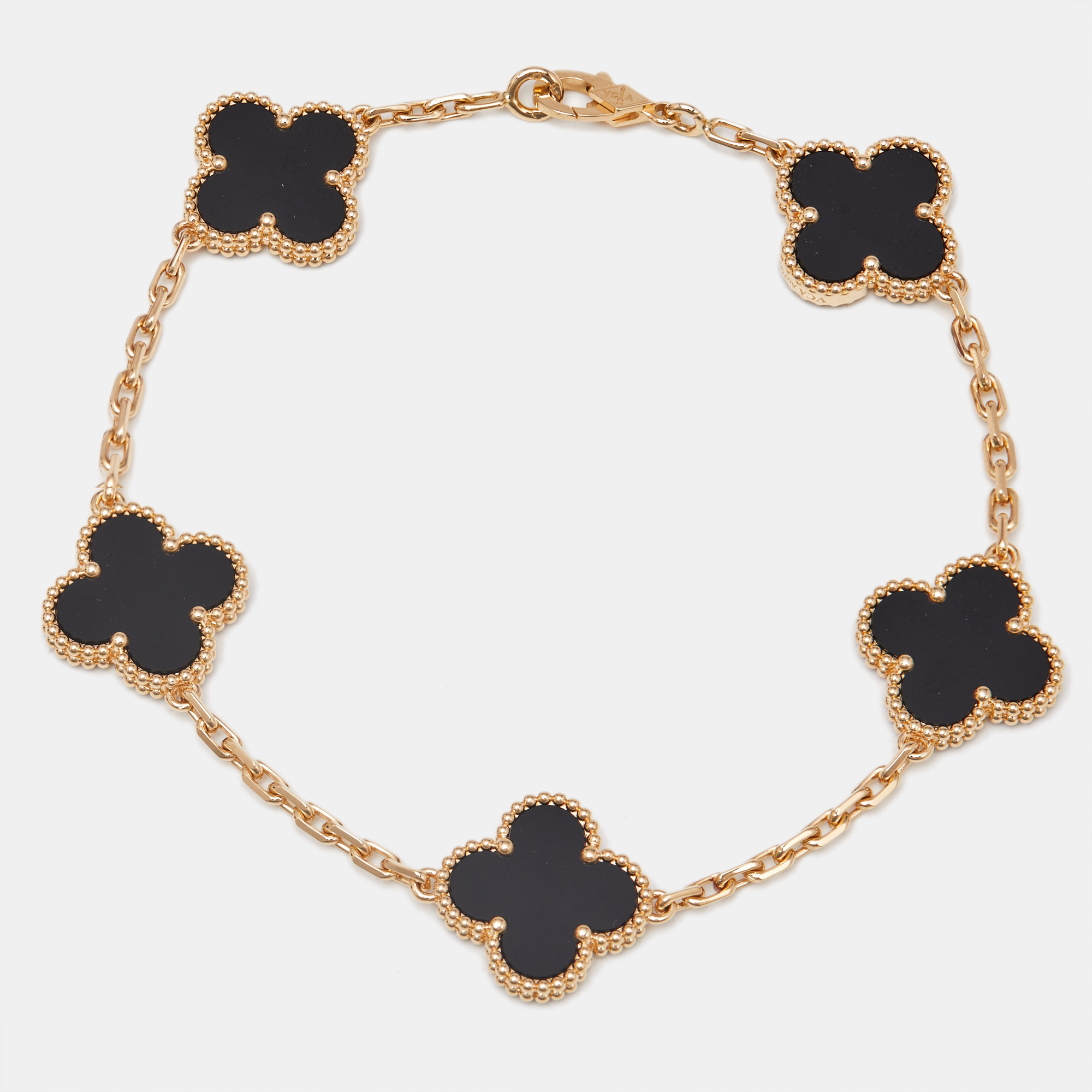 

Van Cleef & Arpels Vintage Alhambra Onyx 18k Yellow Gold 5 Motif Station Bracelet