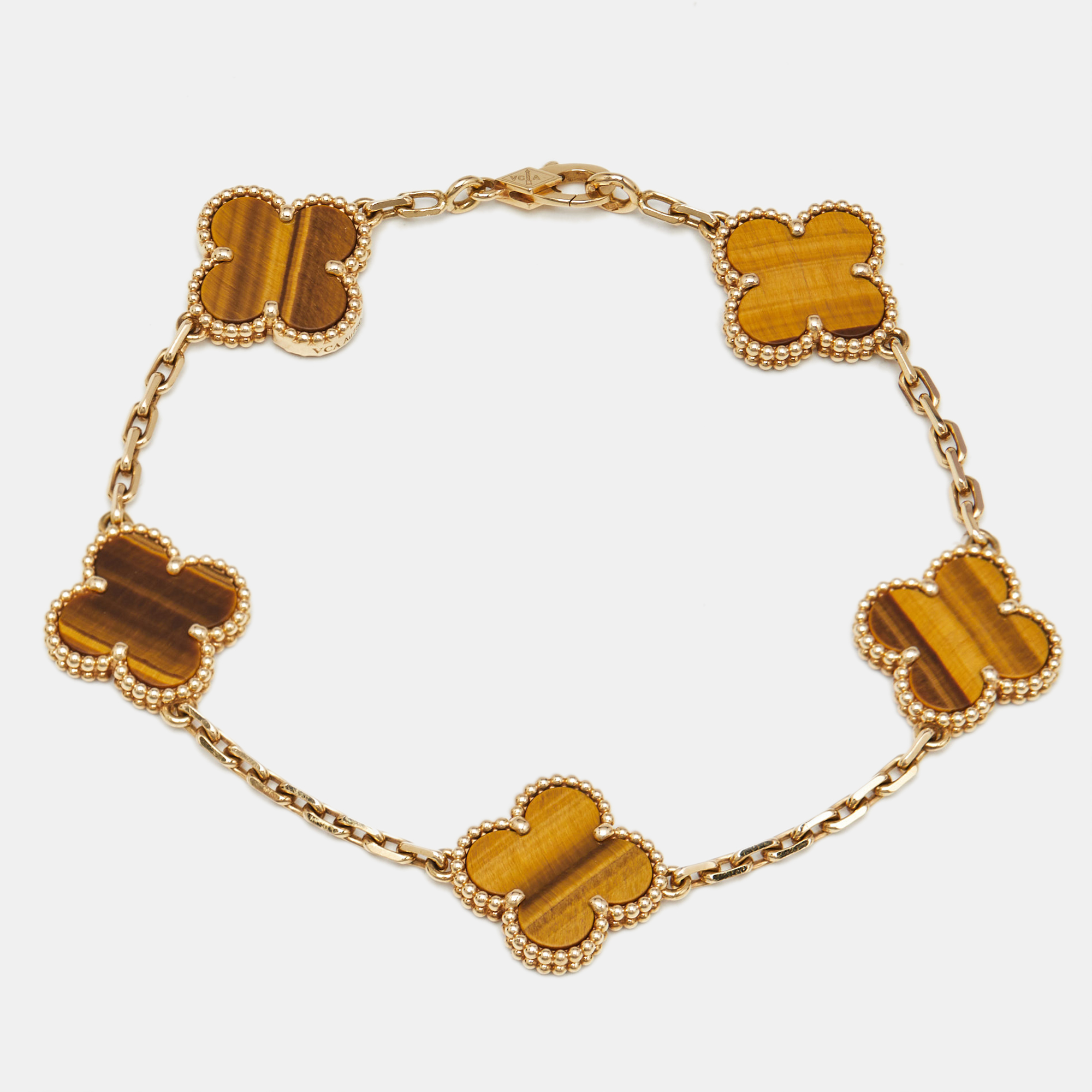 

Van Cleef & Arpels Vintage Alhambra Tiger's Eye 18k Yellow Gold 5 Motif Station Bracelet