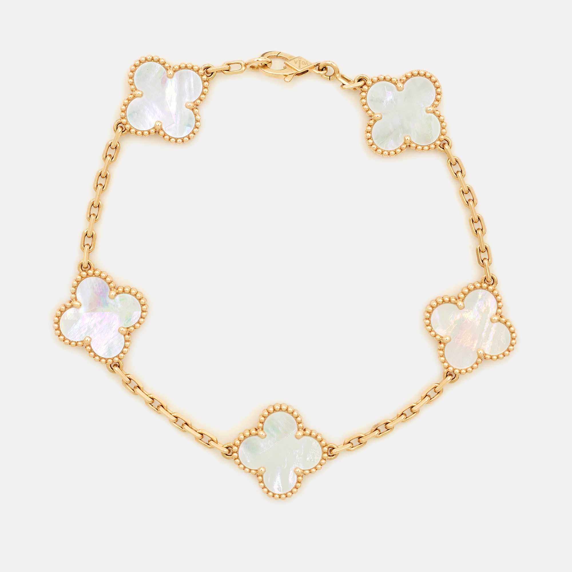 

Van Cleef & Arpels Vintage Alhambra Mother Of Pearl 18k Yellow Gold 5 Motif Bracelet