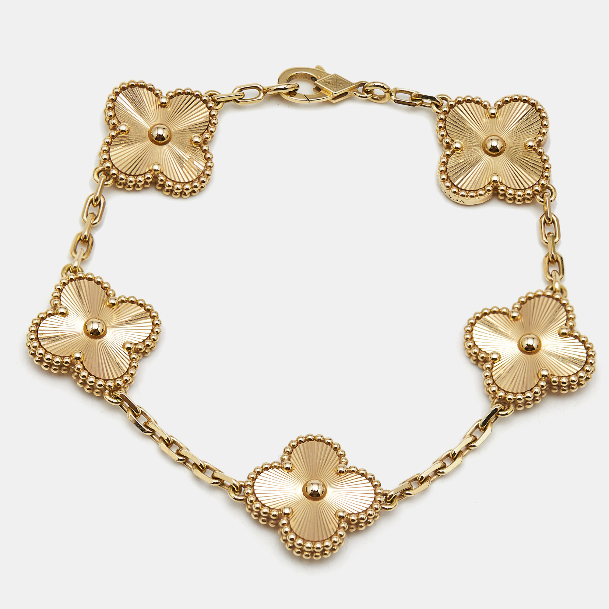 

Van Cleef & Arpels Vintage Alhambra Gulloiche 18k Yellow Gold 5 Motif Bracelet