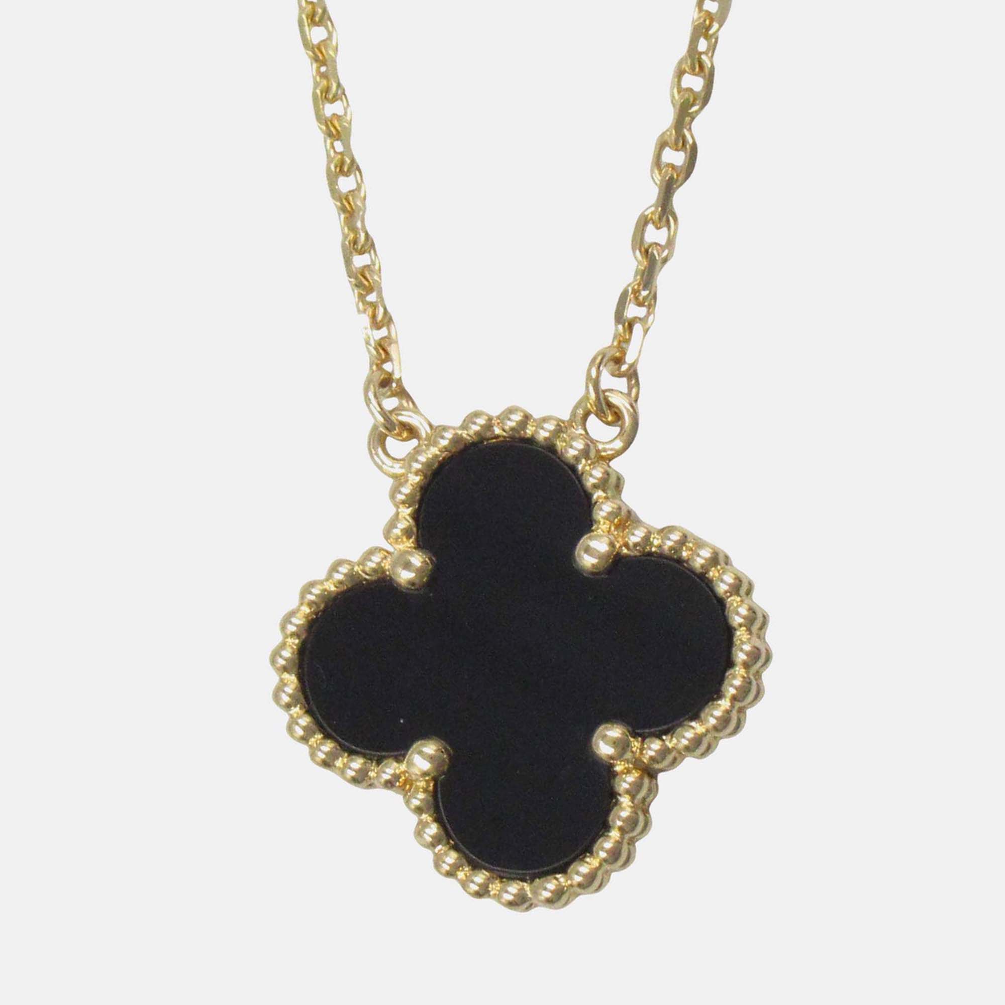 Pre-owned Van Cleef & Arpels 18k Yellow Gold And Onyx Vintage Alhambra Pendant Necklace