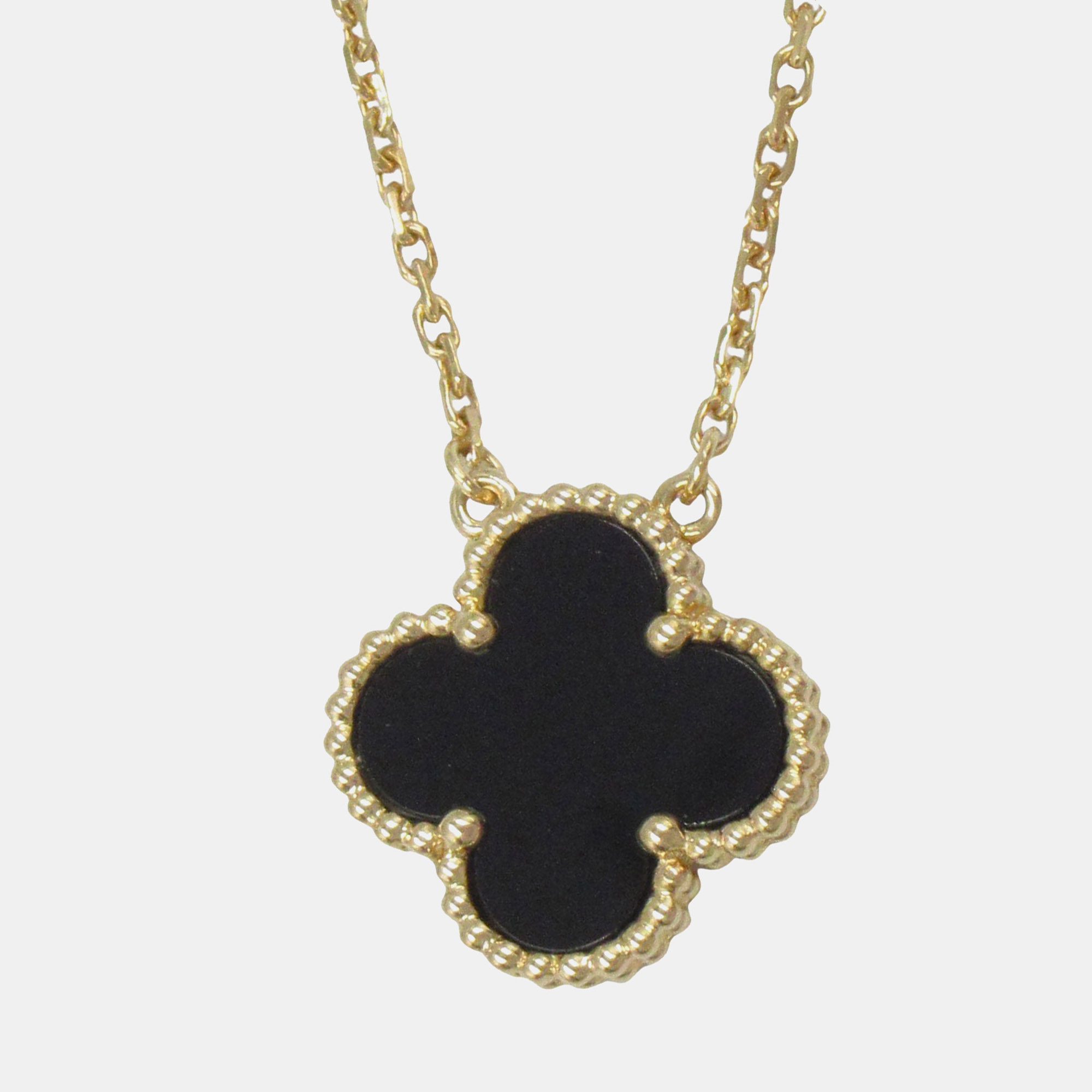 Pre-owned Van Cleef & Arpels 18k Yellow Gold And Onyx Vintage Alhambra Pendant Necklace