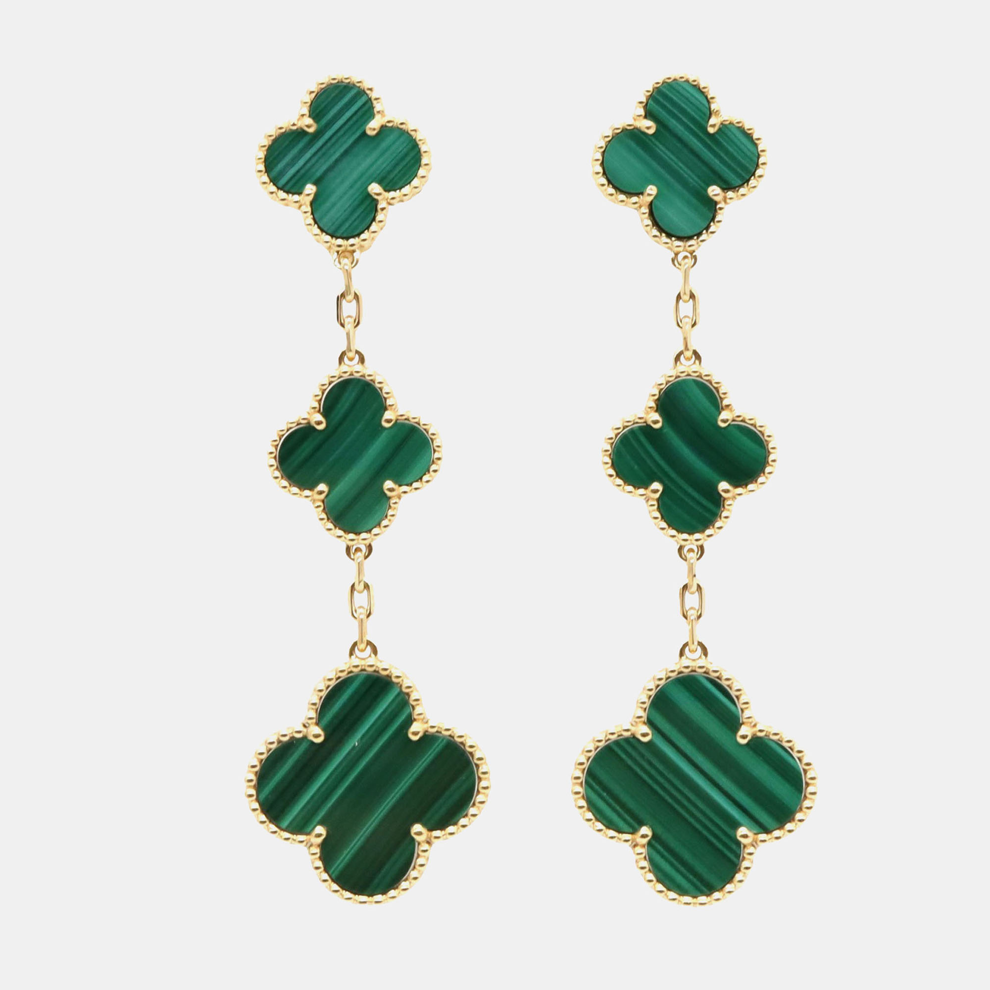 

Van Cleef & Arpels 18K Yellow Gold and Malachite Magic Alhambra 3 Motif Earrings