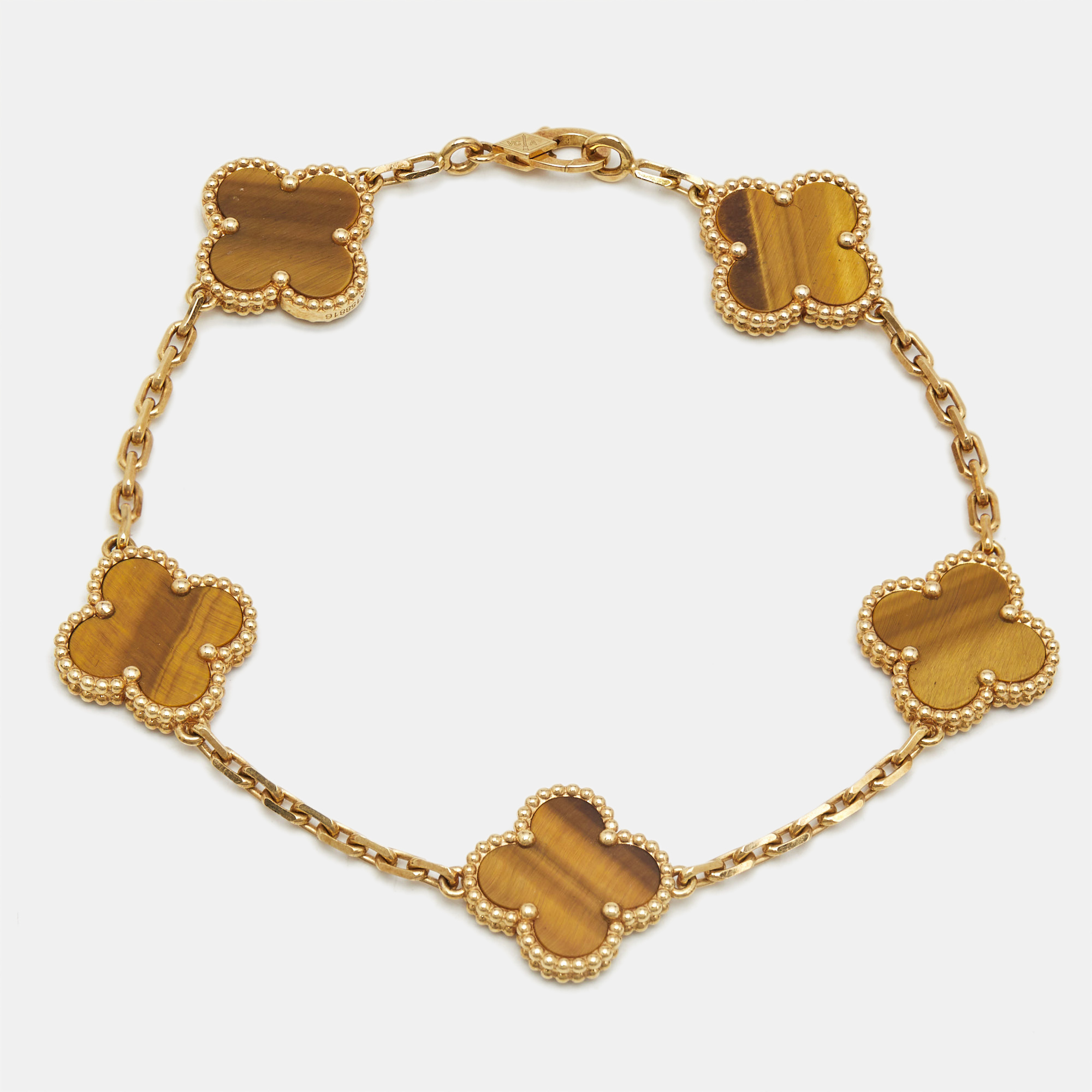 

Van Cleef & Arpels Vintage Alhambra Tiger's Eye 18k Yellow Gold 5 Motif Station Bracelet