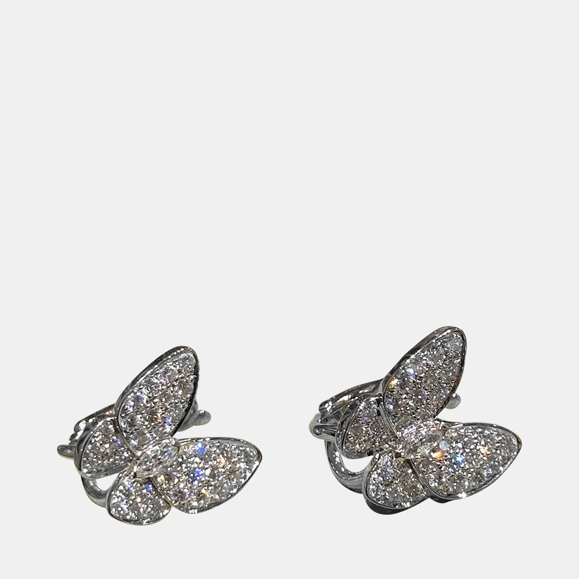 Pre-owned Van Cleef & Arpels Two Butterfly White Gold Full Diamond Butterfly Earrings