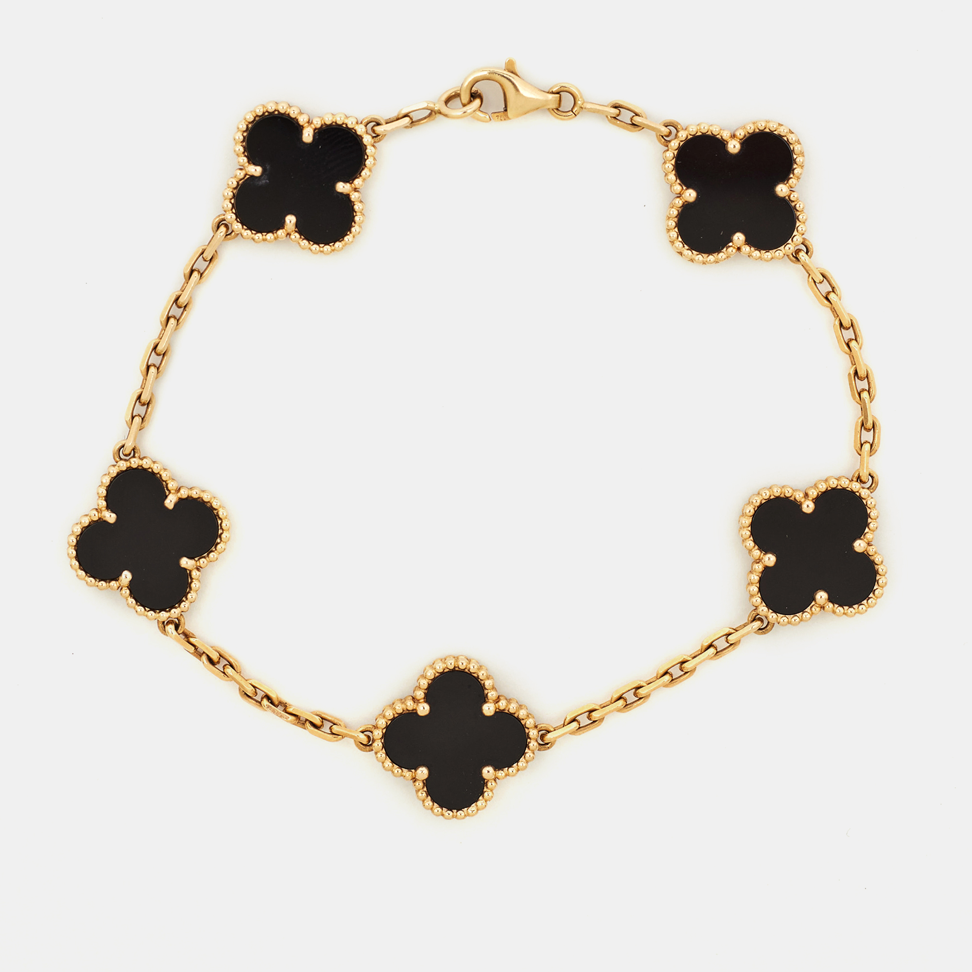 

Van Cleef & Arpels Vintage Alhambra Onyx 18k Yellow Gold 5 Motif Station Bracelet
