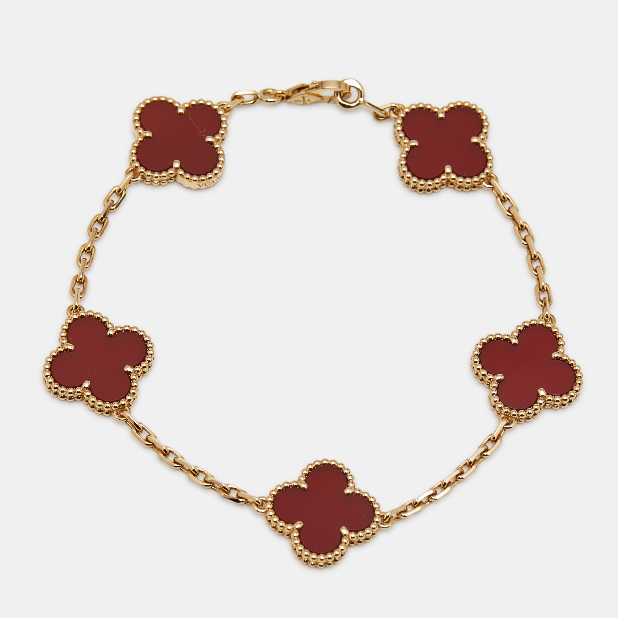 

Van Cleef & Arpels Vintage Alhambra Carnelian 18k Yellow Gold 5 Motif Station Bracelet