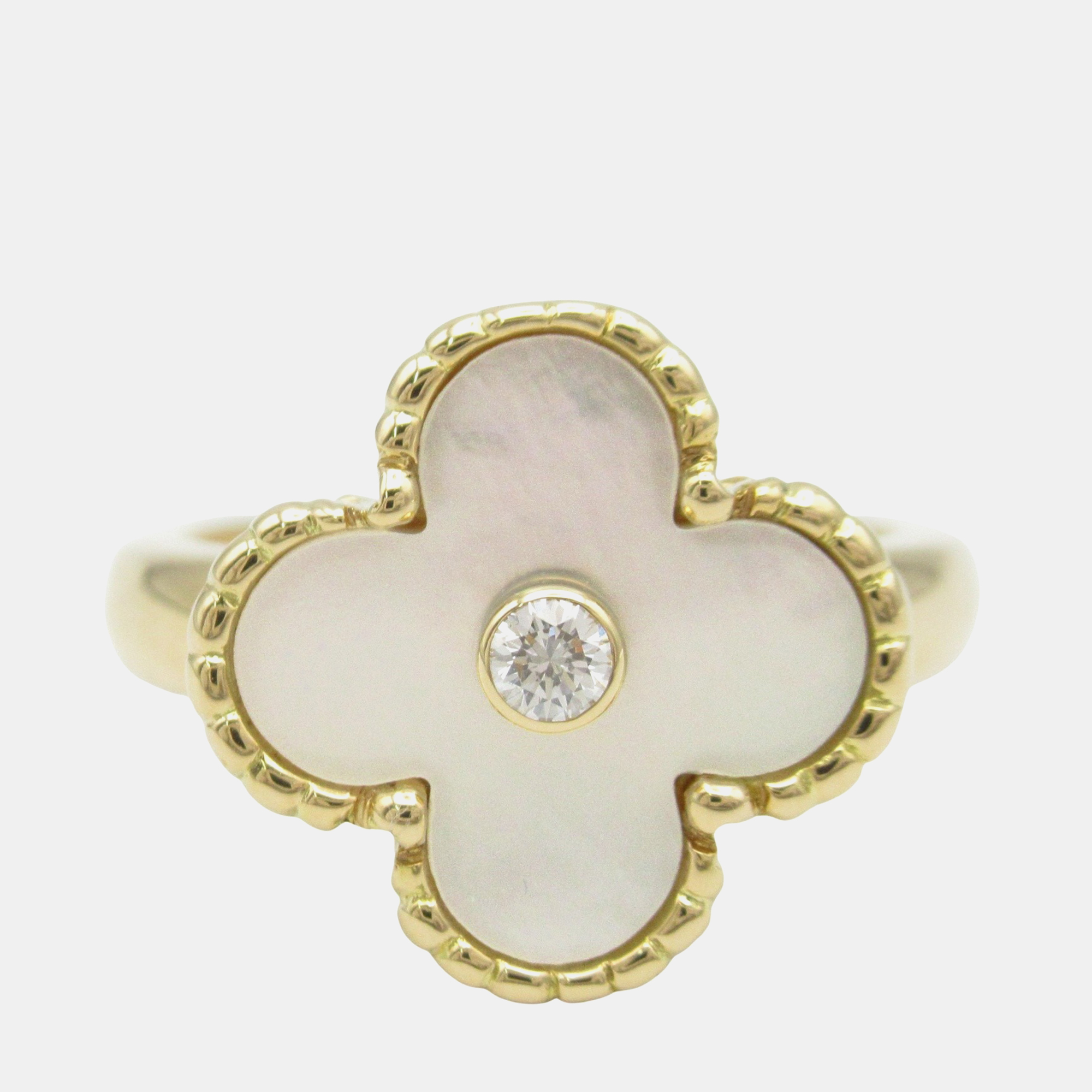 Pre-owned Van Cleef & Arpels Vintage Alhambra 18k Yellow Gold Diamond Mother Of Pearl Ring Eu 55