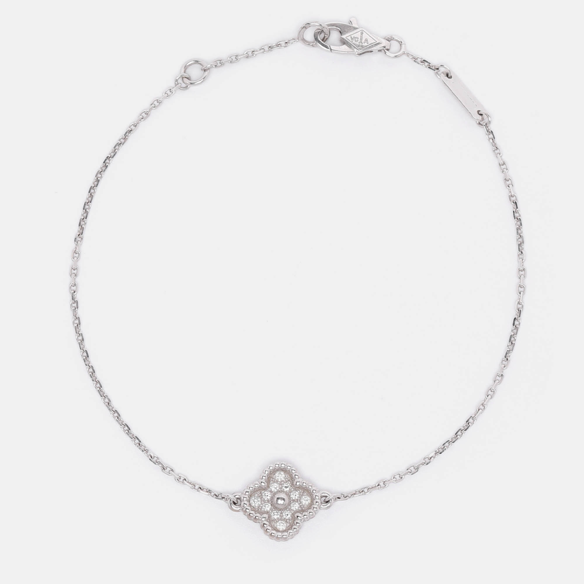Pre-owned Van Cleef & Arpels 18k White Gold Sweet Alhambra Diamond Single Motif Station Bracelet In Silver