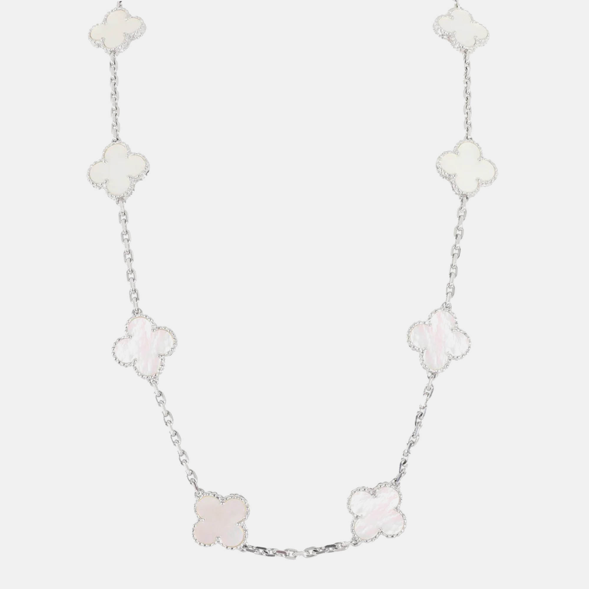 

Van Cleef & Arpels Vintage Alhambra 18K White Gold and Mother of Pearl 10 Motif Necklace
