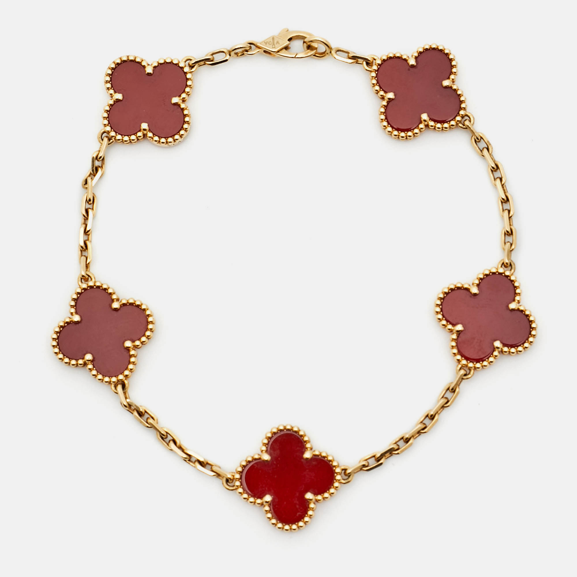 

Van Cleef & Arpels Vintage Alhambra Carnelian 18k Yellow Gold 5 Motif Station Bracelet