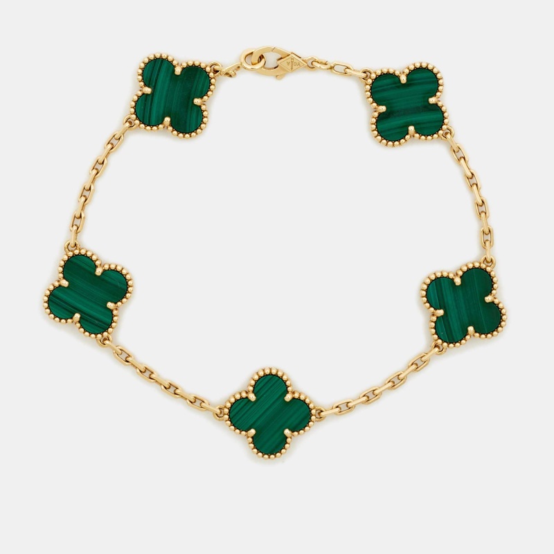 

Van Cleef & Arpels Vintage Alhambra Malachite 18k Yellow Gold 5 Motif Station Bracelet