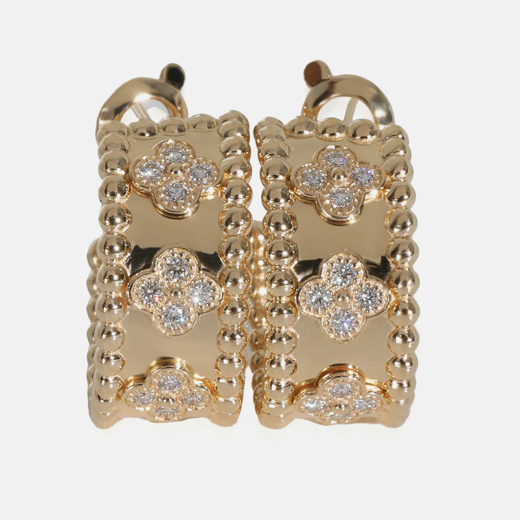 Pre-owned Van Cleef & Arpels Perlee Clovers 18k Yellow Gold Diamond Hoop Earrings