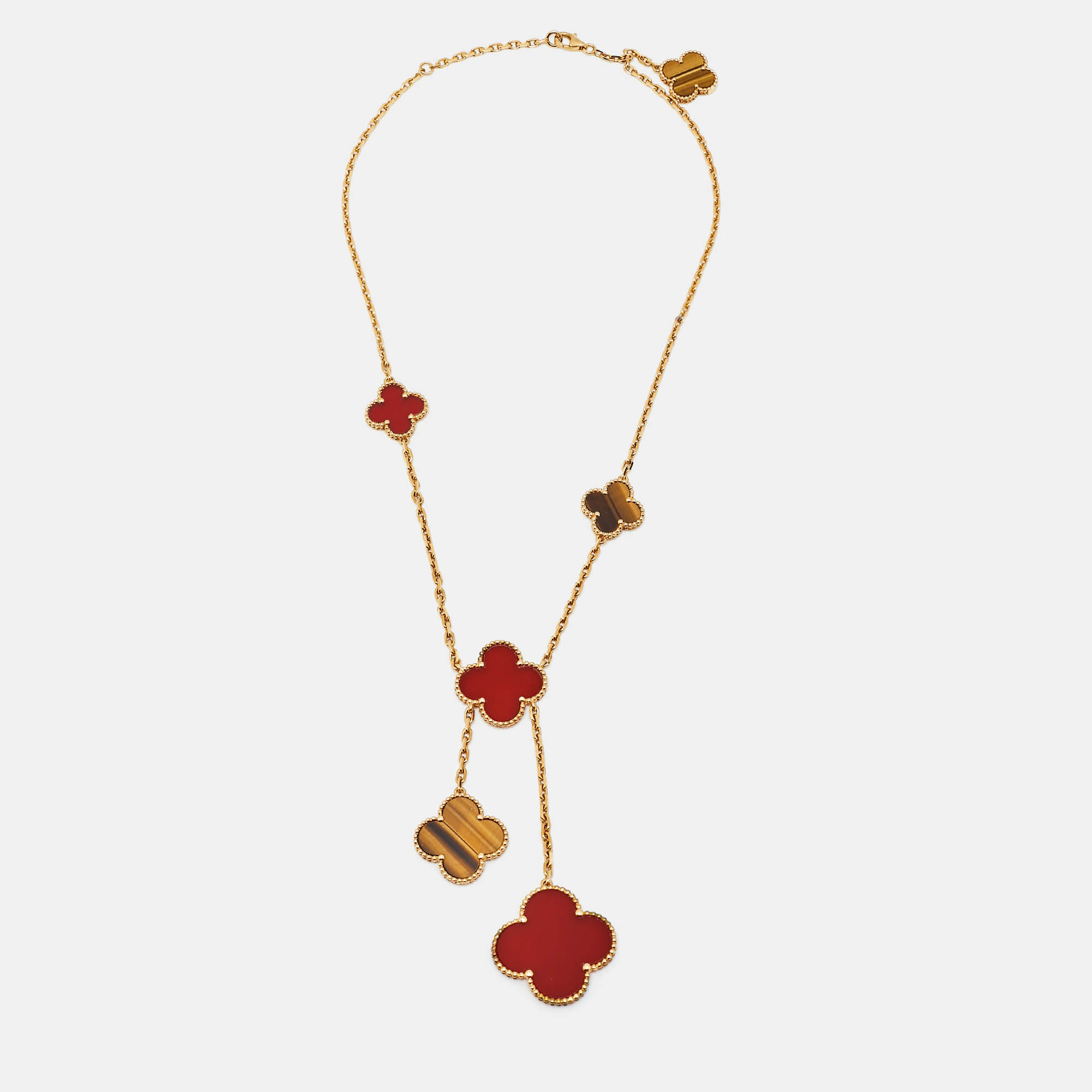 Pre-owned Van Cleef & Arpels Magic Alhambra Carnelian Tiger's Eye 18k Yellow Gold Necklace