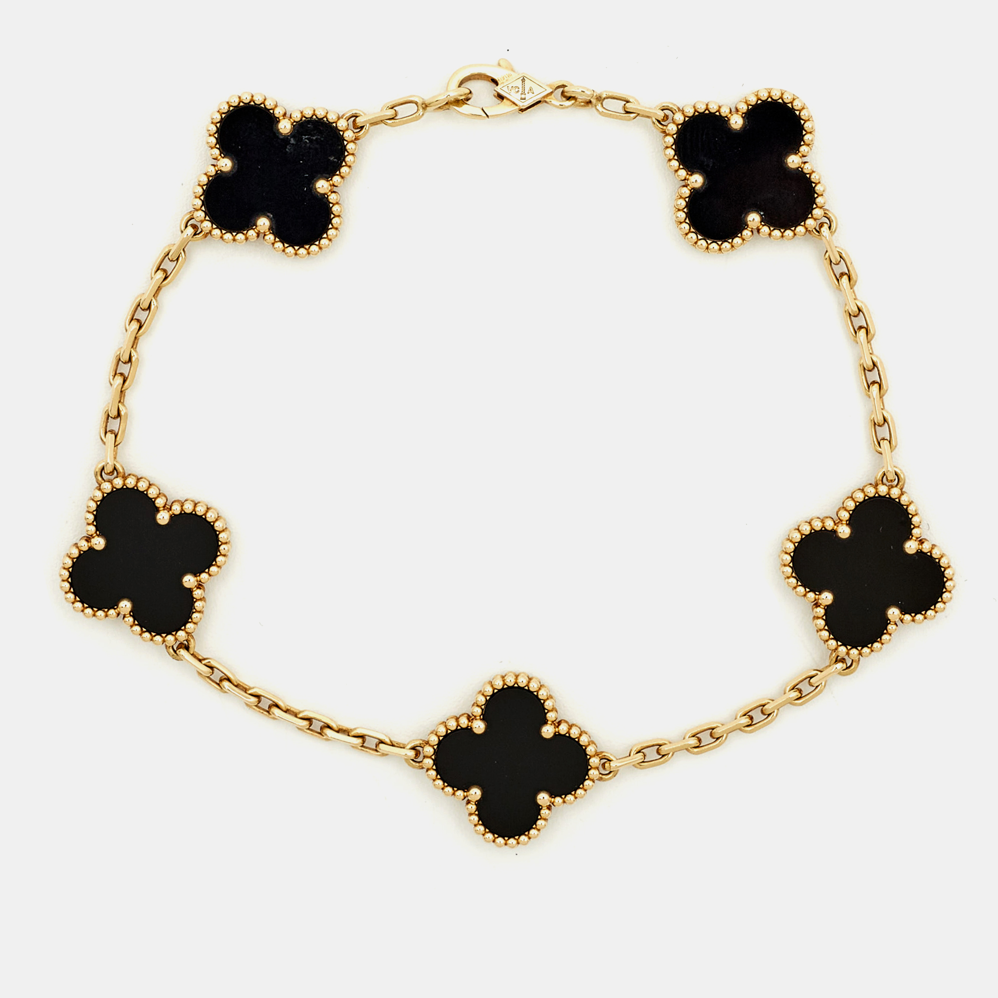 

Van Cleef & Arpels Vintage Alhambra Onyx 18k Yellow Gold 5 Motif Station Bracelet