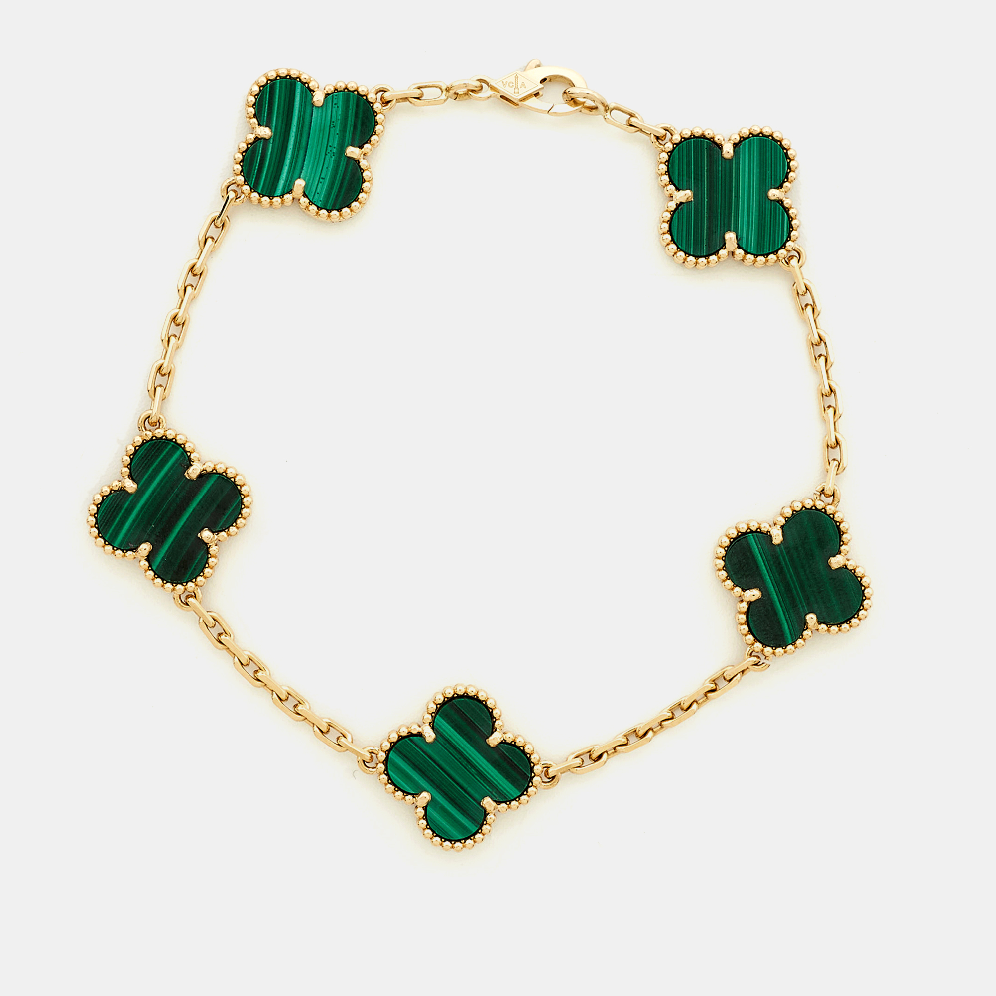 

Van Cleef & Arpels Vintage Alhambra Malachite 18k Yellow Gold 5 Motif Station Bracelet