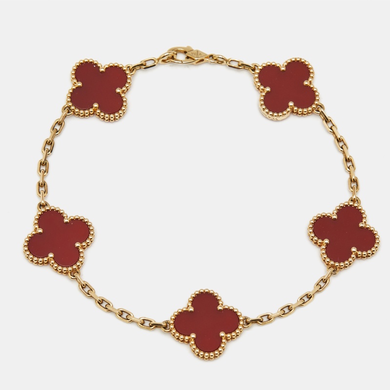 

Van Cleef & Arpels Vintage Alhambra Carnelian 18k Yellow Gold 5 Motif Station Bracelet
